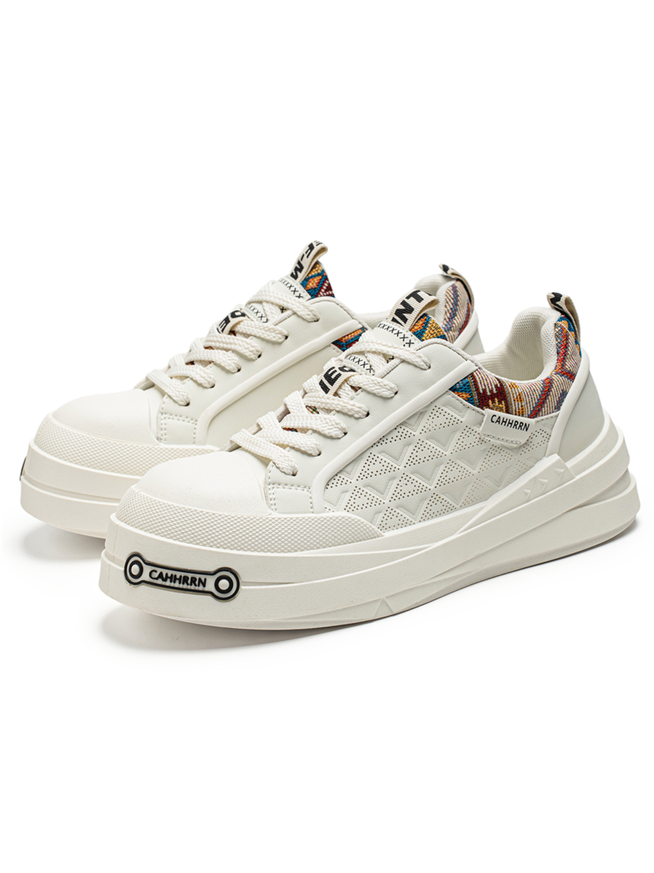 White Textured Lace Ups Sneakers