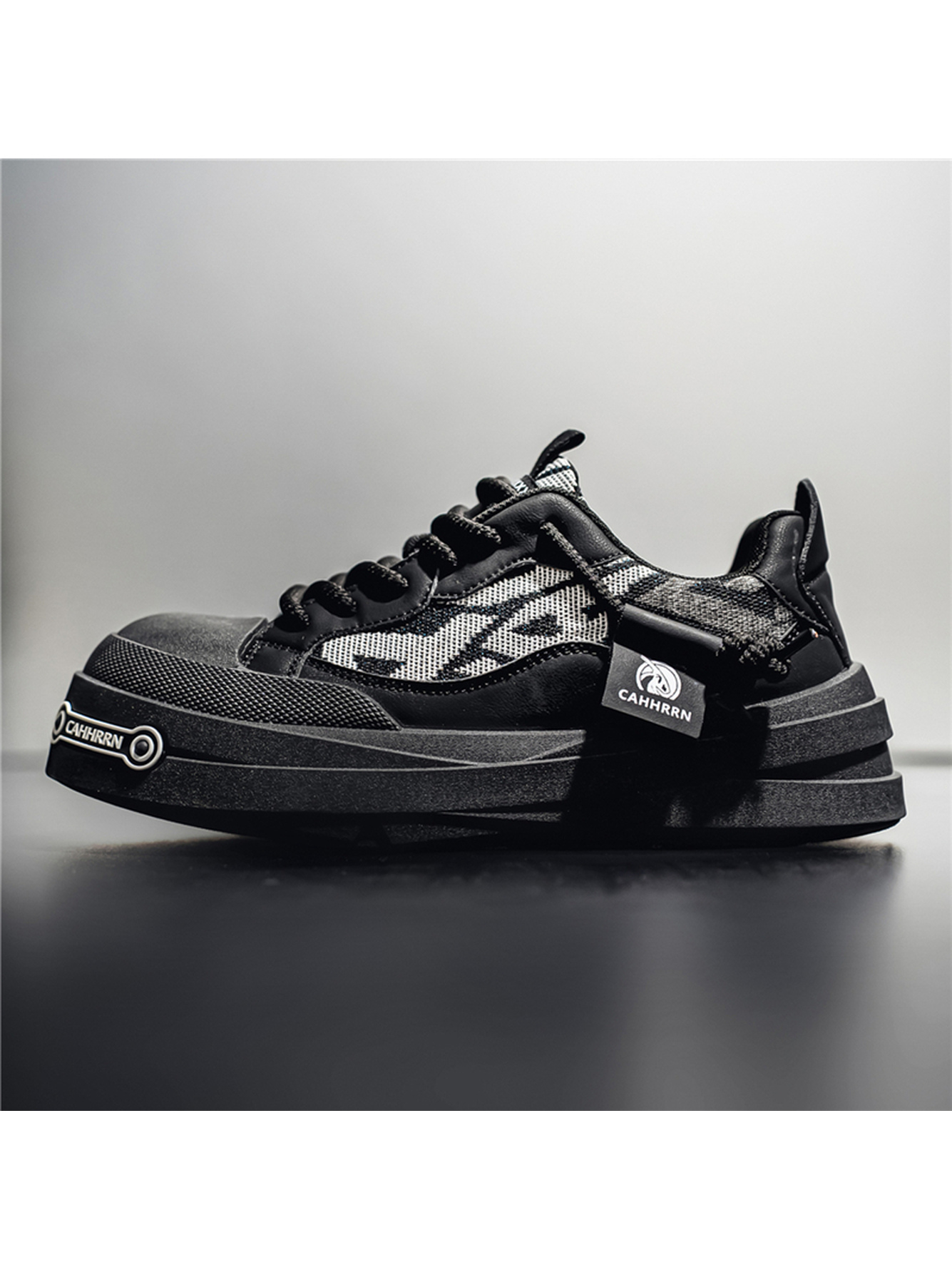 Black Textured Lace Ups Sneakers