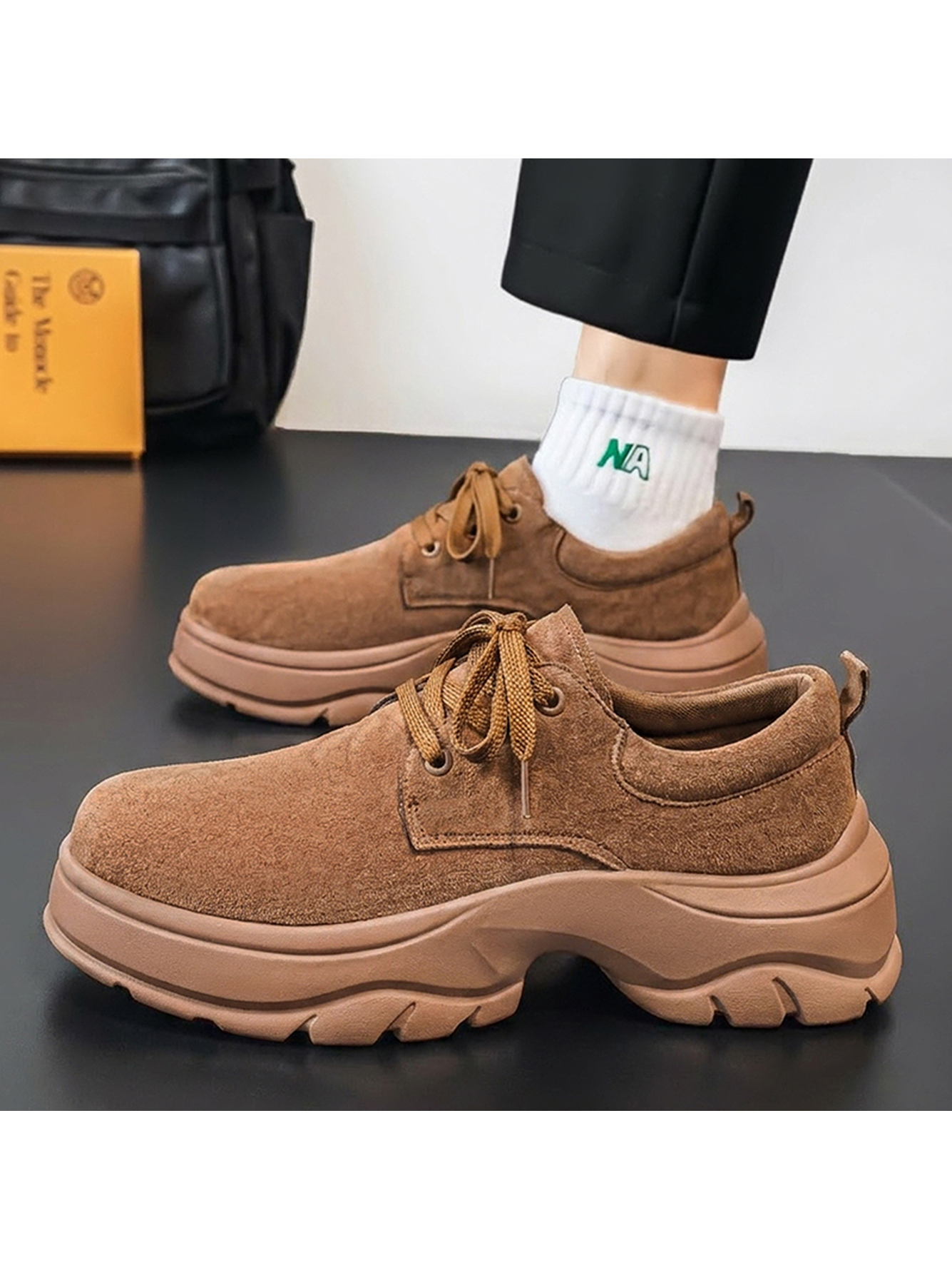 Mens Yellow Suede Casual Platform Sneakers
