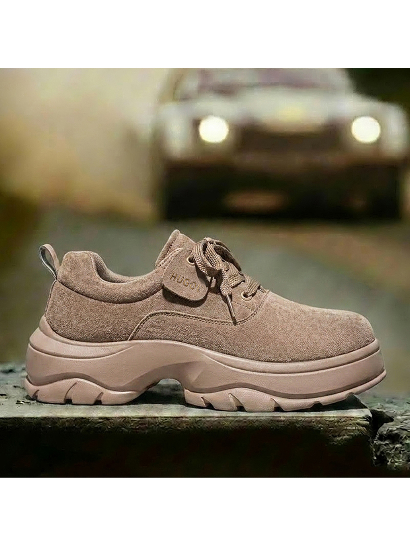 Beige Plain Lace Ups Sneakers