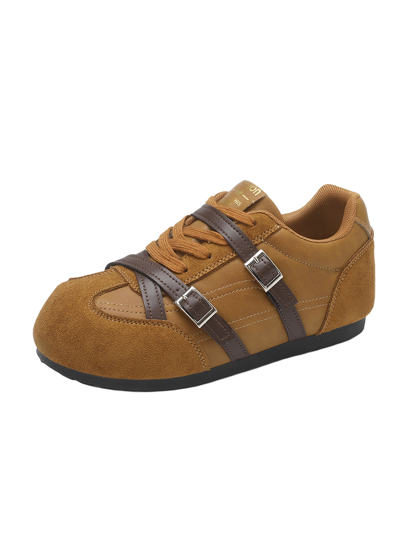 Tan Suede Womens Casual Sneakers with Buckle Detail