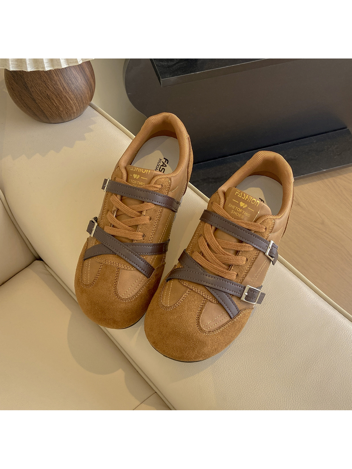 Tan Suede Womens Casual Sneakers with Buckle Detail