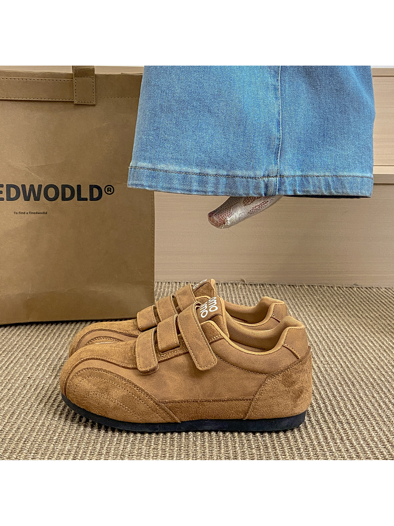Tan Suede Velcro Sports Sneakers for Women