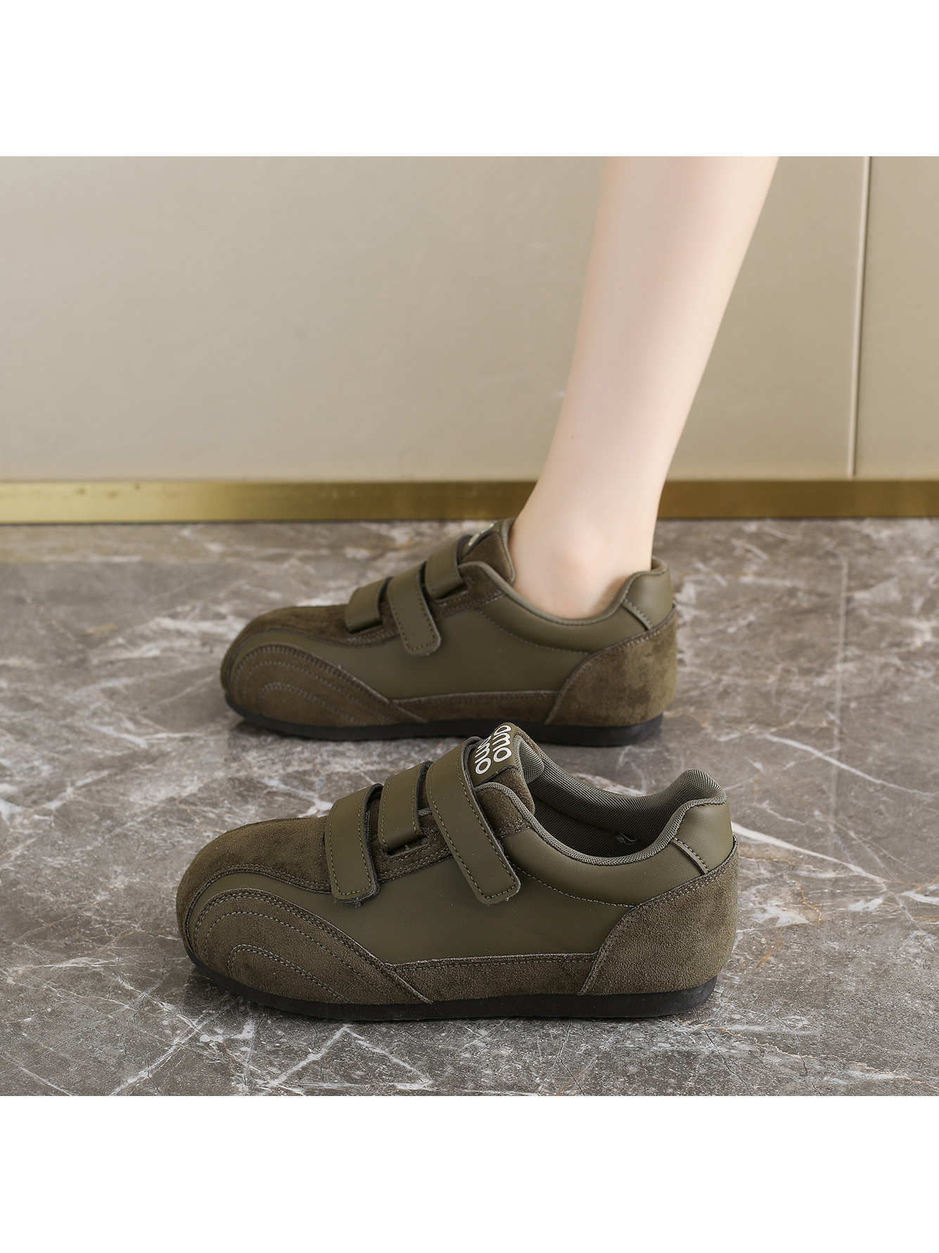 Olive Suede Velcro Sneakers for Women - Comfort and Style