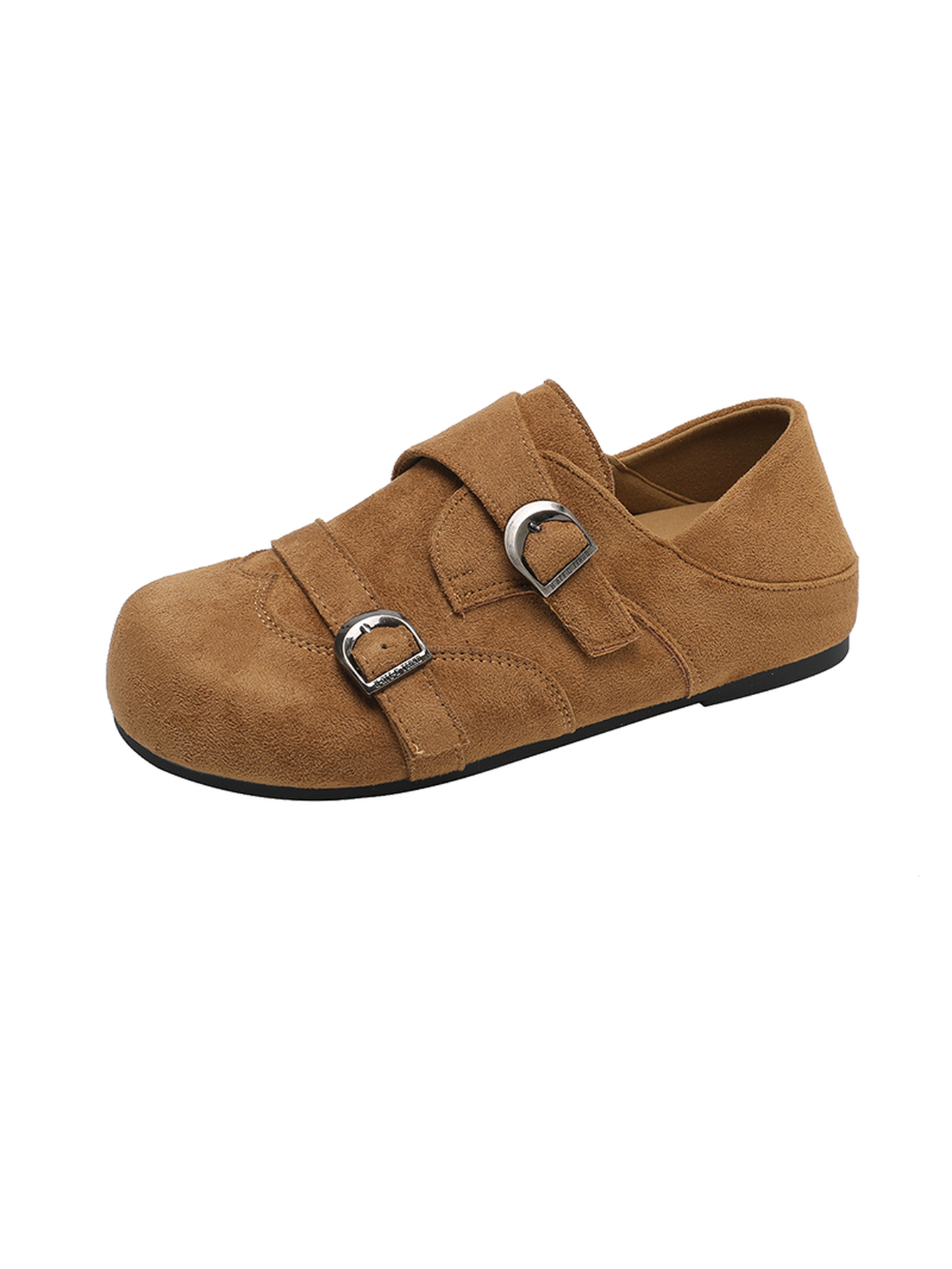 Tan Suede Double Buckle Monk Strap Flats for Women