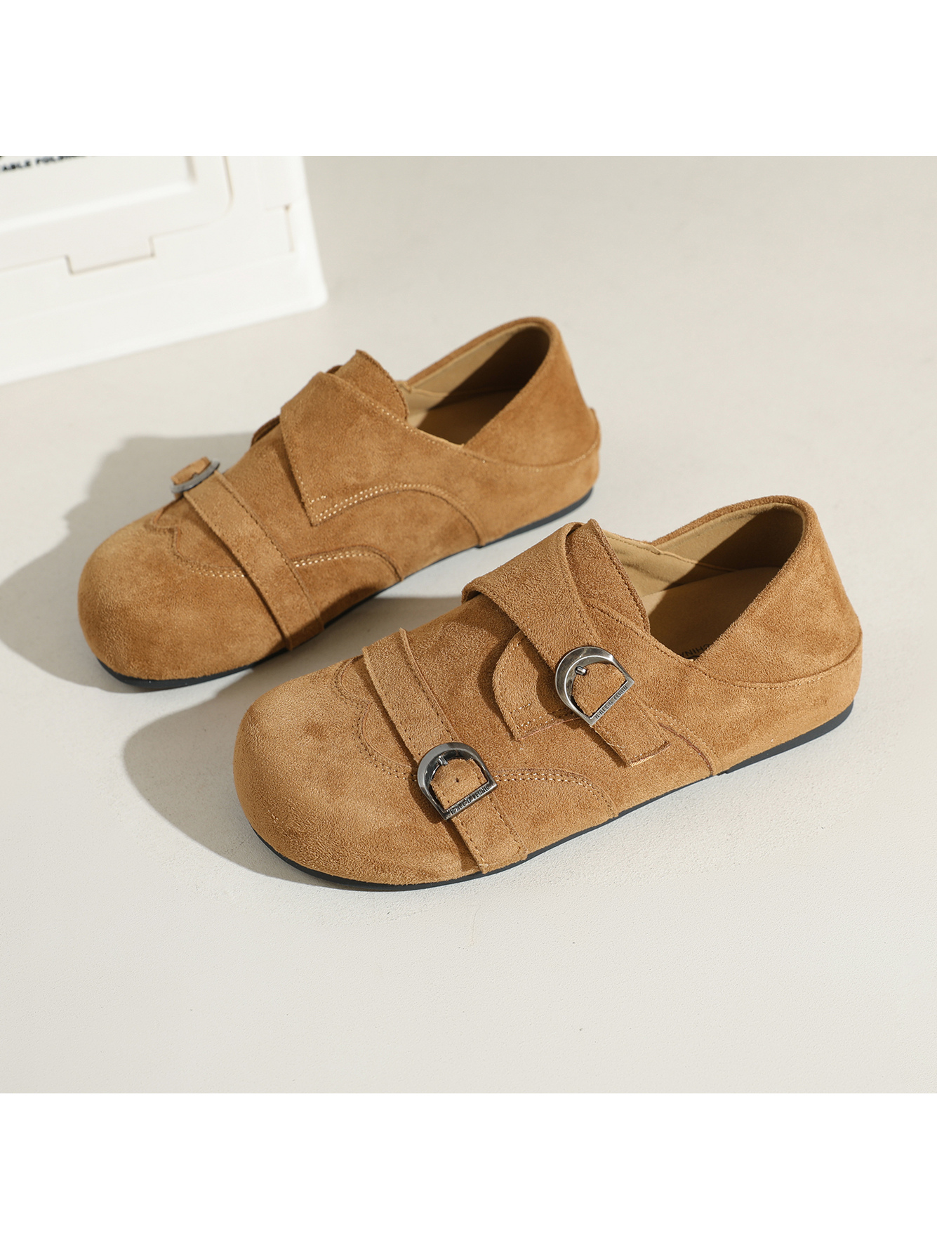 Tan Suede Double Buckle Monk Strap Flats for Women