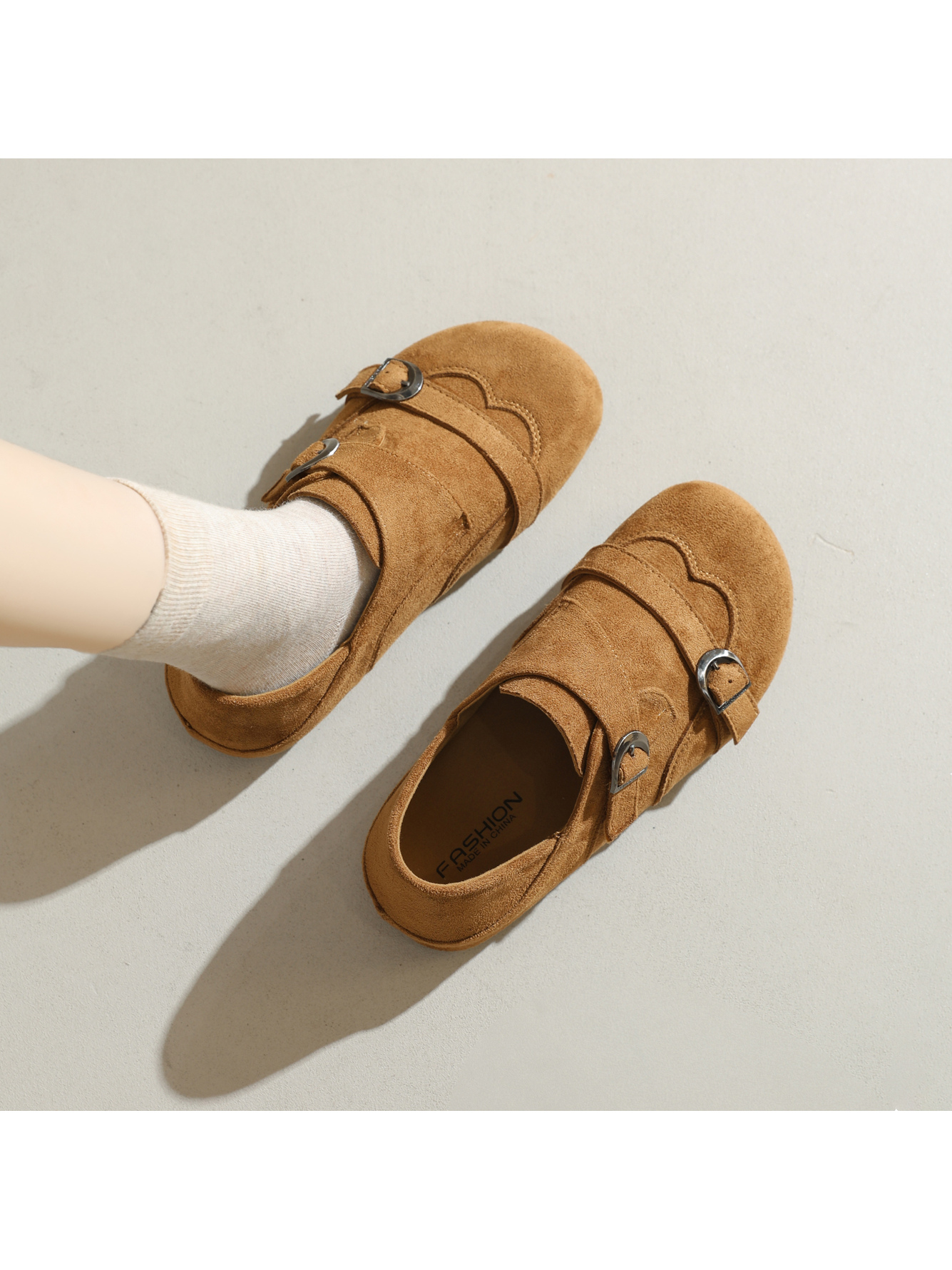 Tan Suede Double Buckle Monk Strap Flats for Women