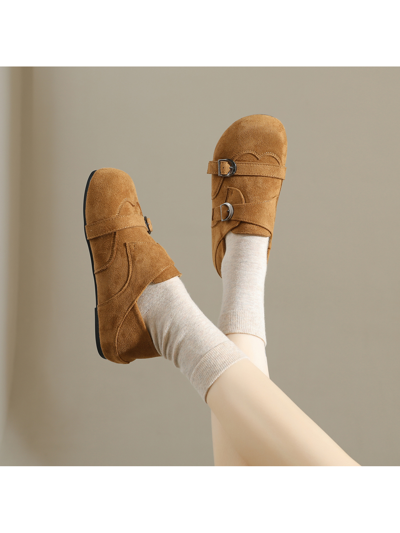 Tan Suede Double Buckle Monk Strap Flats for Women