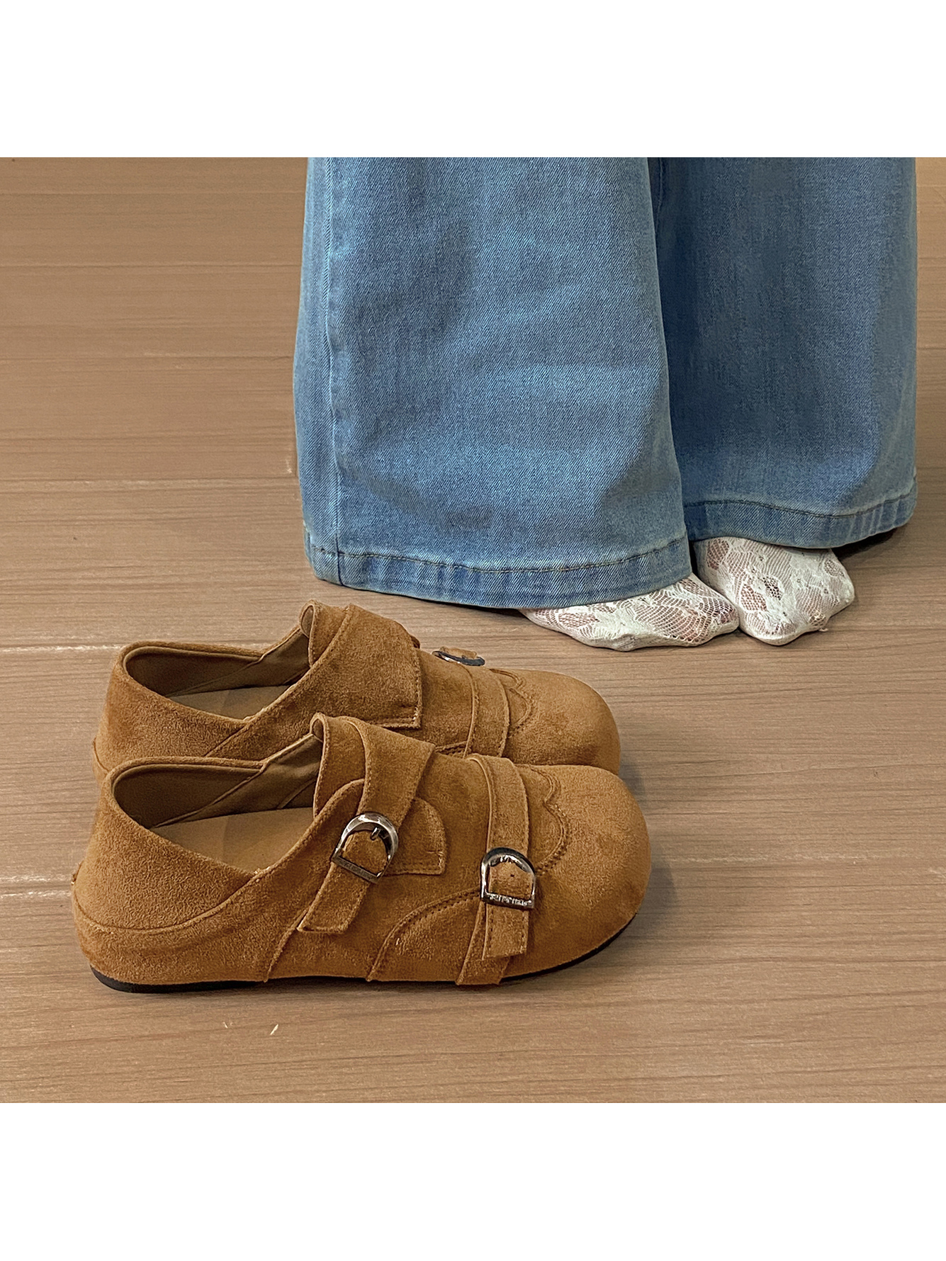 Tan Suede Double Buckle Monk Strap Flats for Women