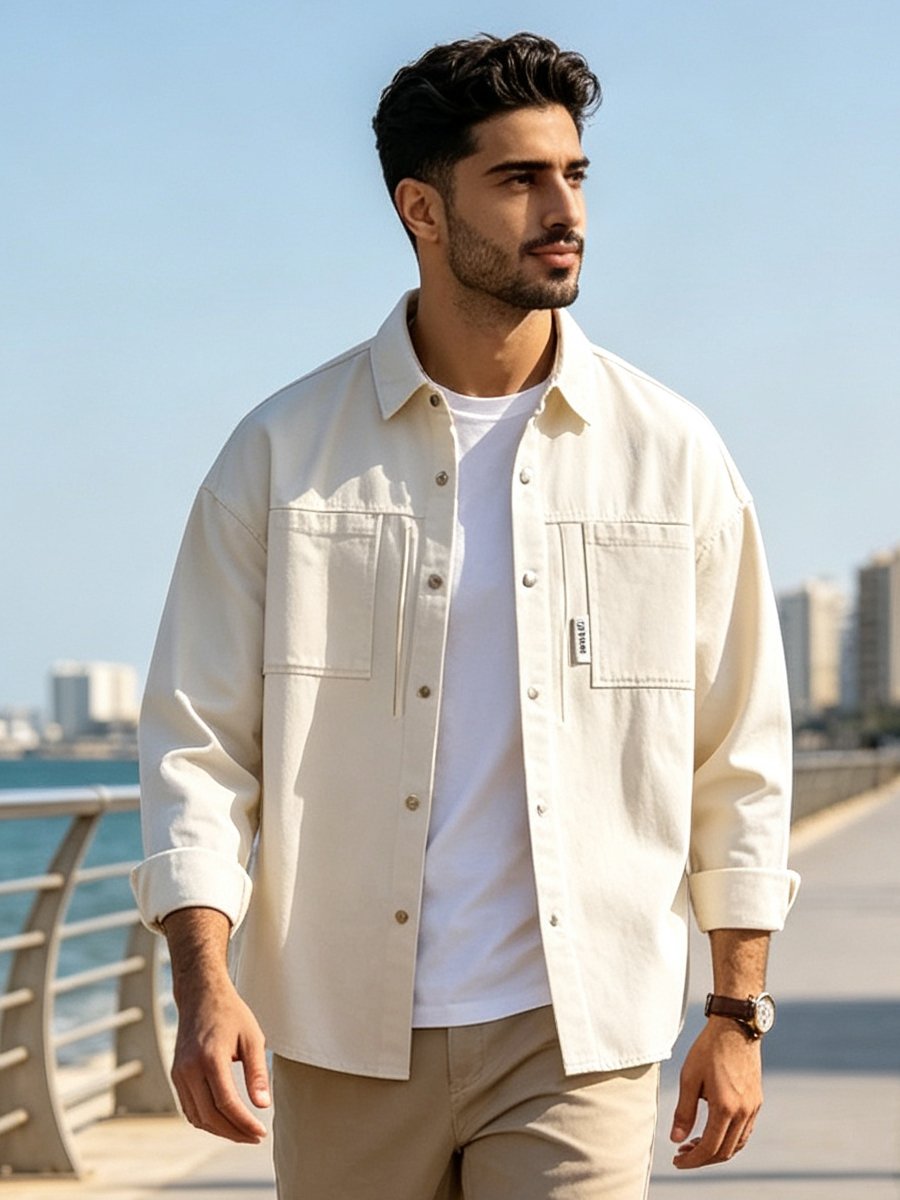 Beige Solid Oversized Shirt