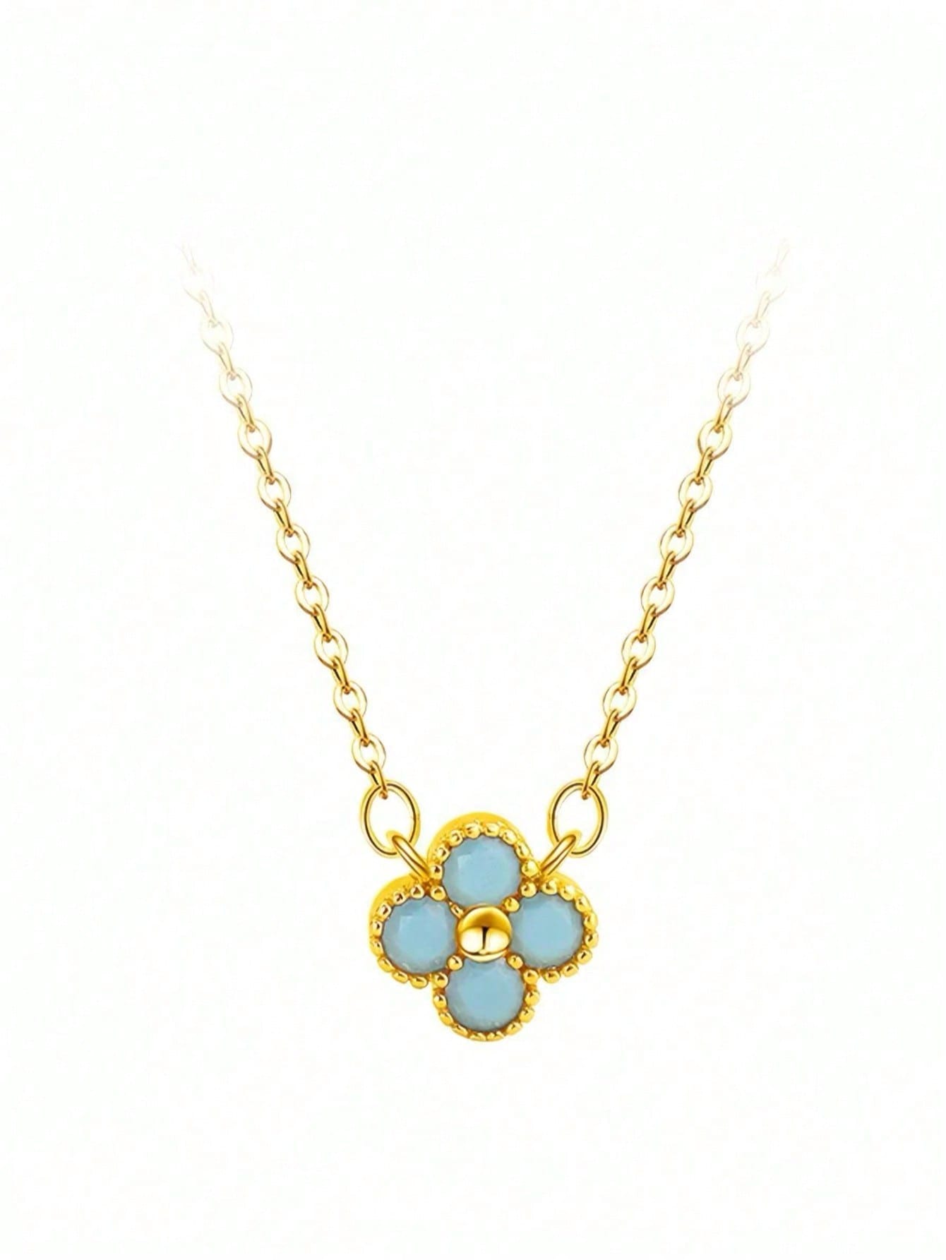 Simple style flower-embedded diamond and turquoise pendant necklace