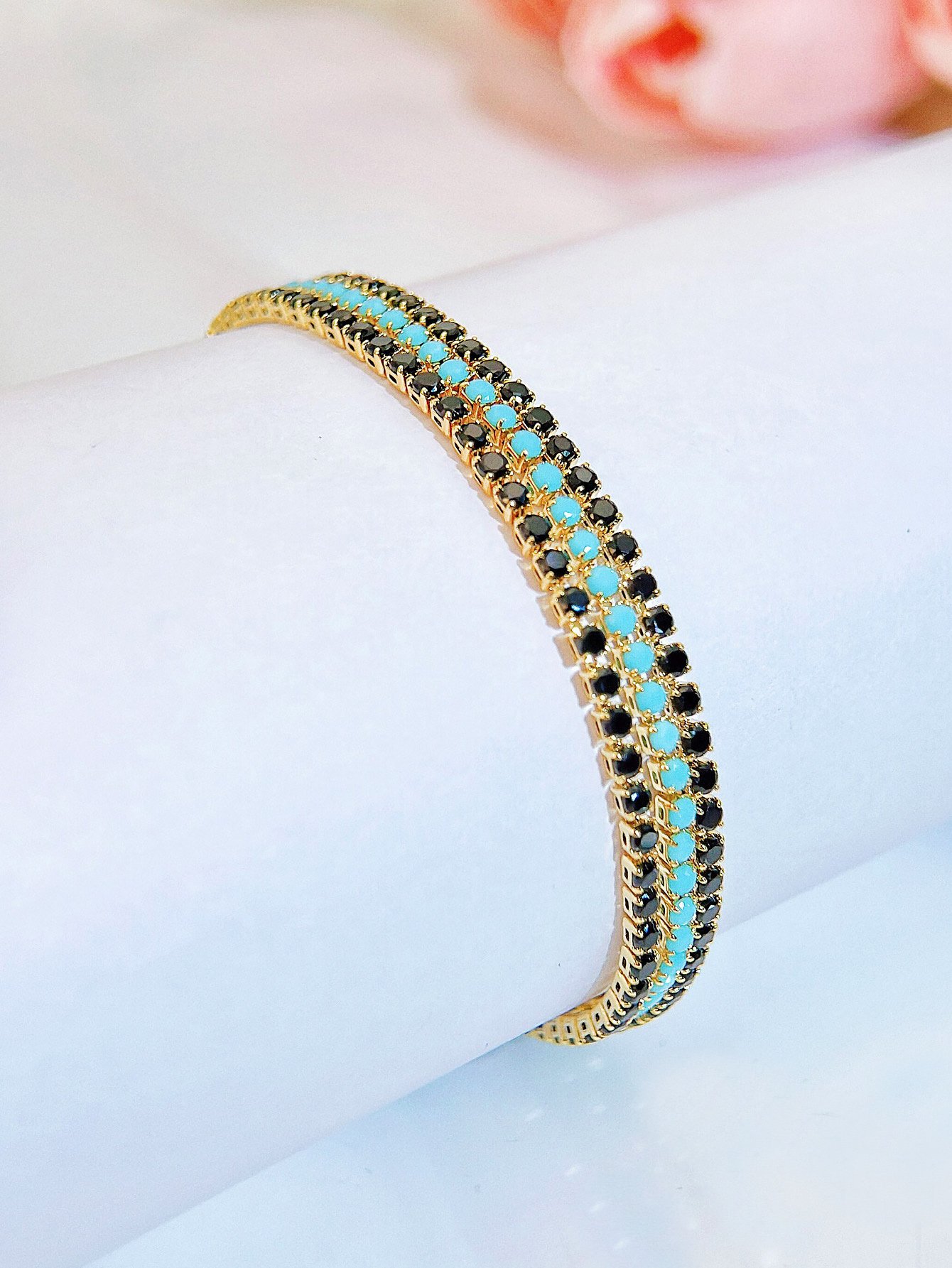 Golden CZ Bracelet with Turquoise and Black Stones - Party Ready