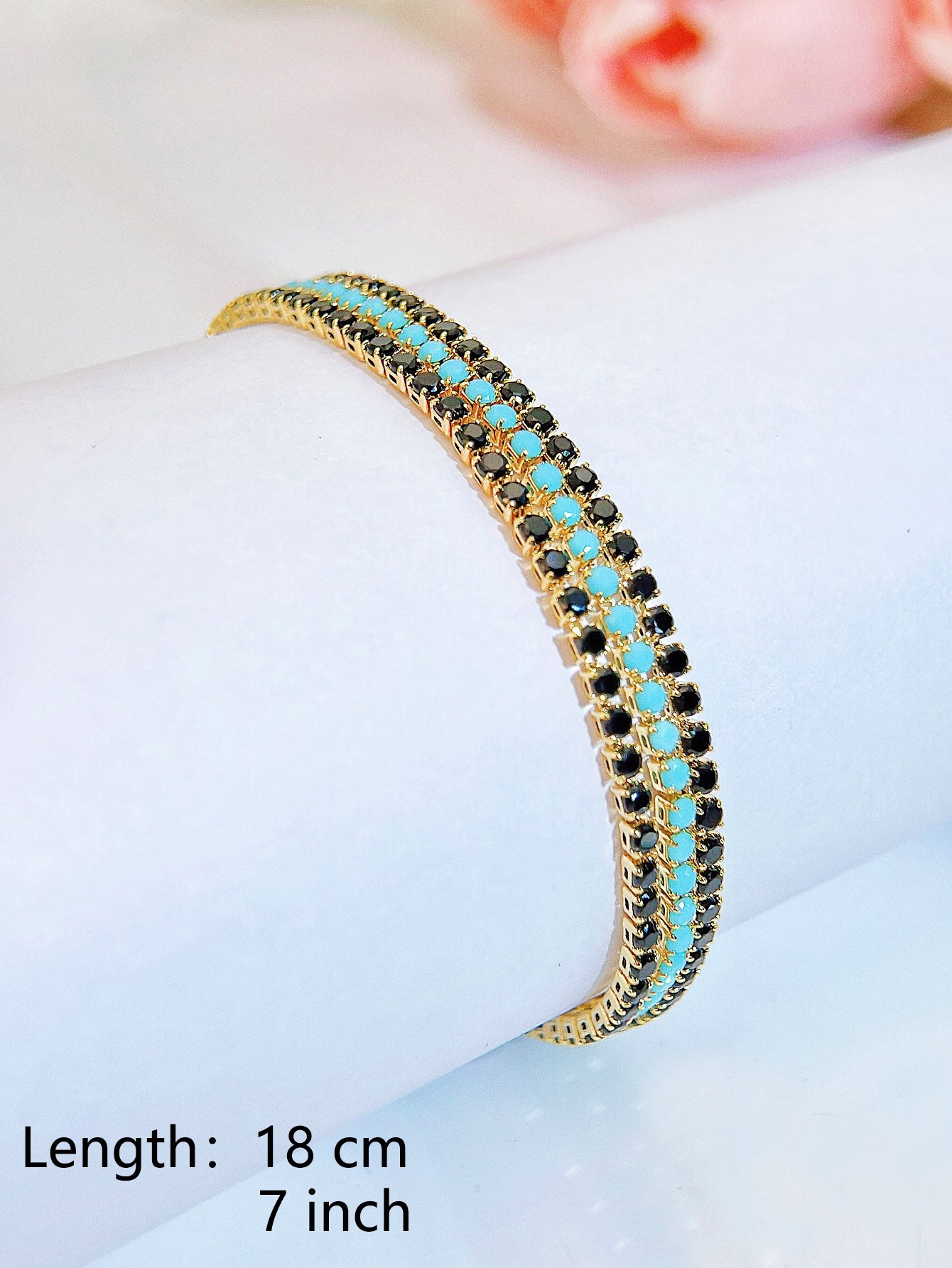 Golden CZ Bracelet with Turquoise and Black Stones - Party Ready