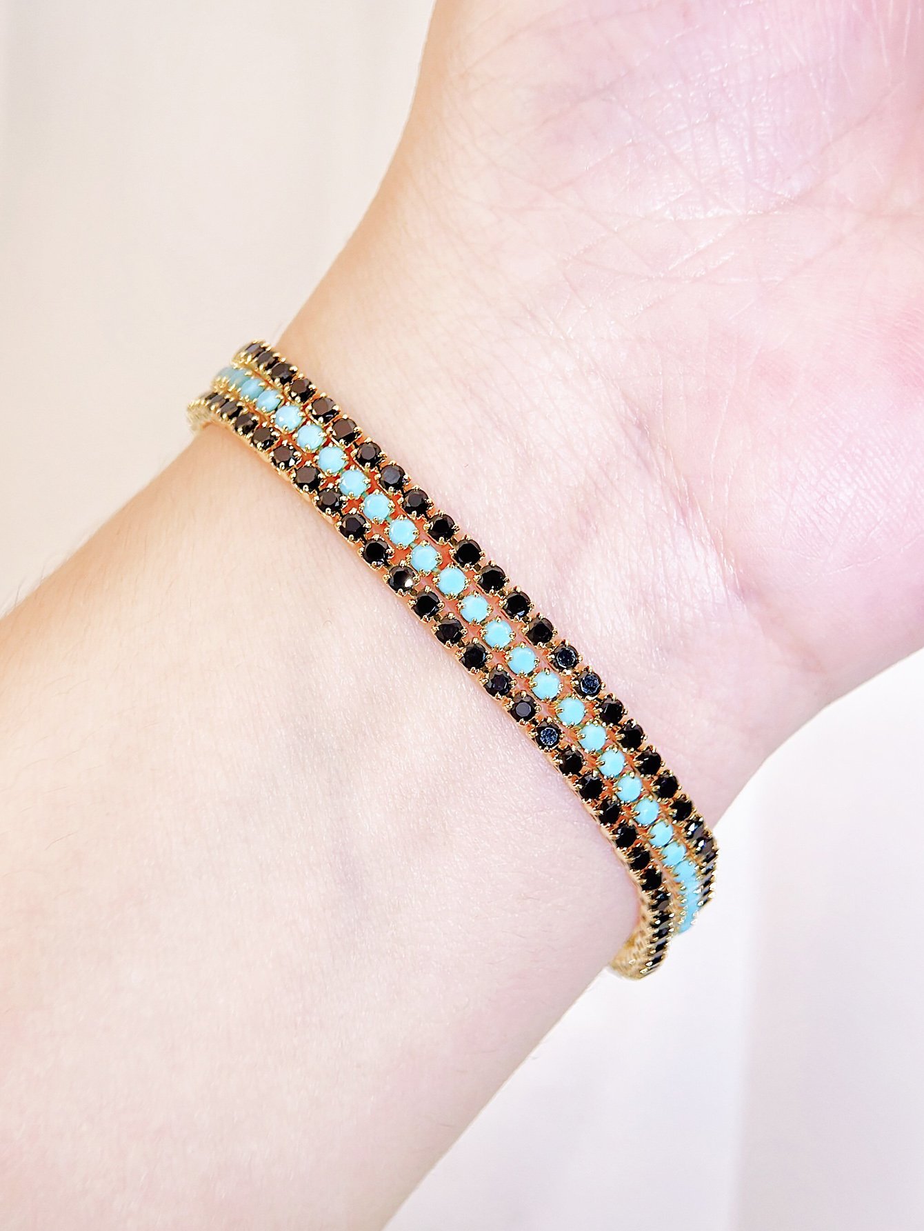 Golden CZ Bracelet with Turquoise and Black Stones - Party Ready