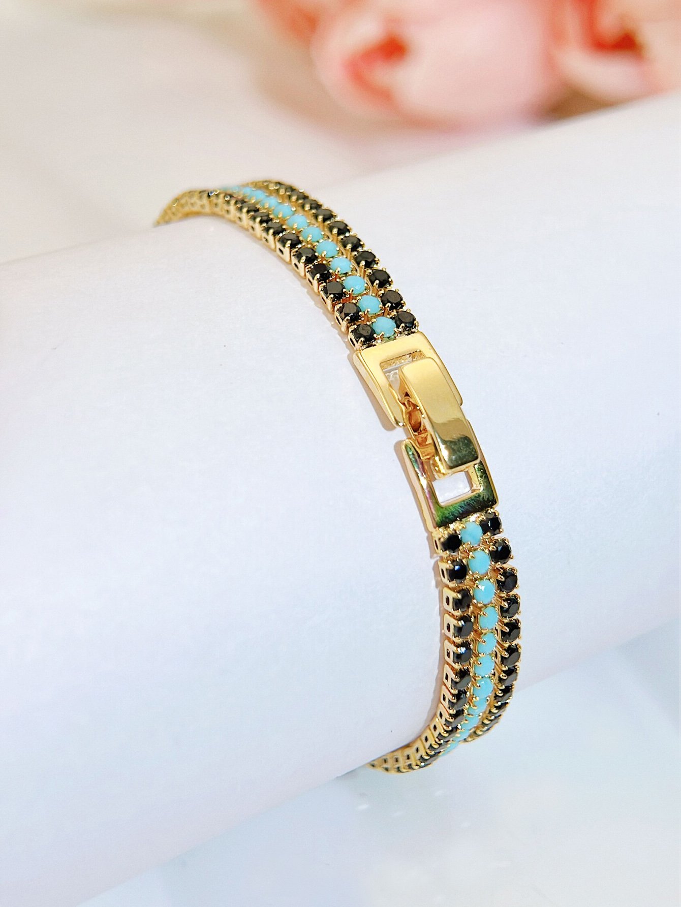 Golden CZ Bracelet with Turquoise and Black Stones - Party Ready