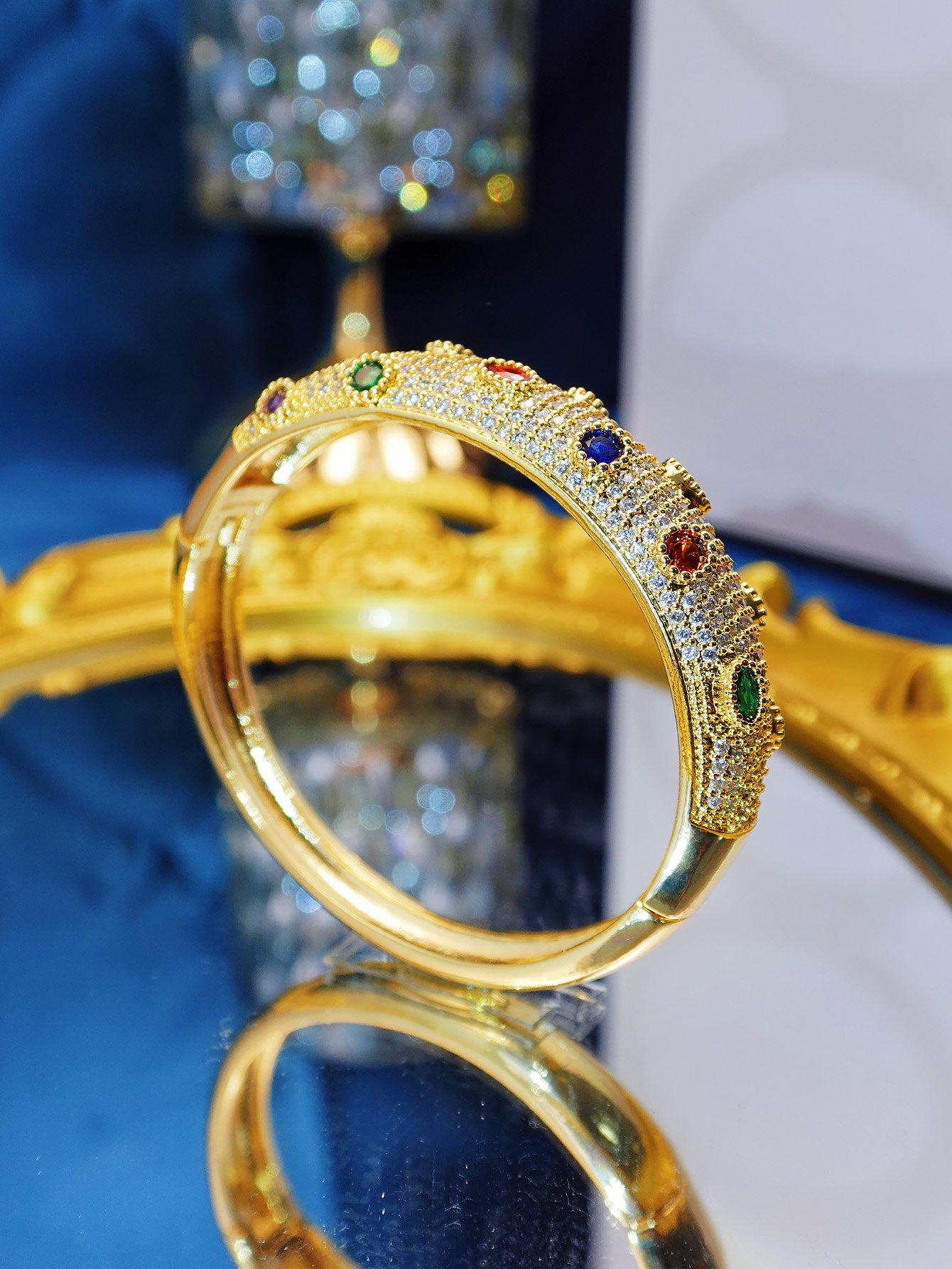 Luxurious Gold Plated CZ Gemstone Bangle - Party Wristwear for Women