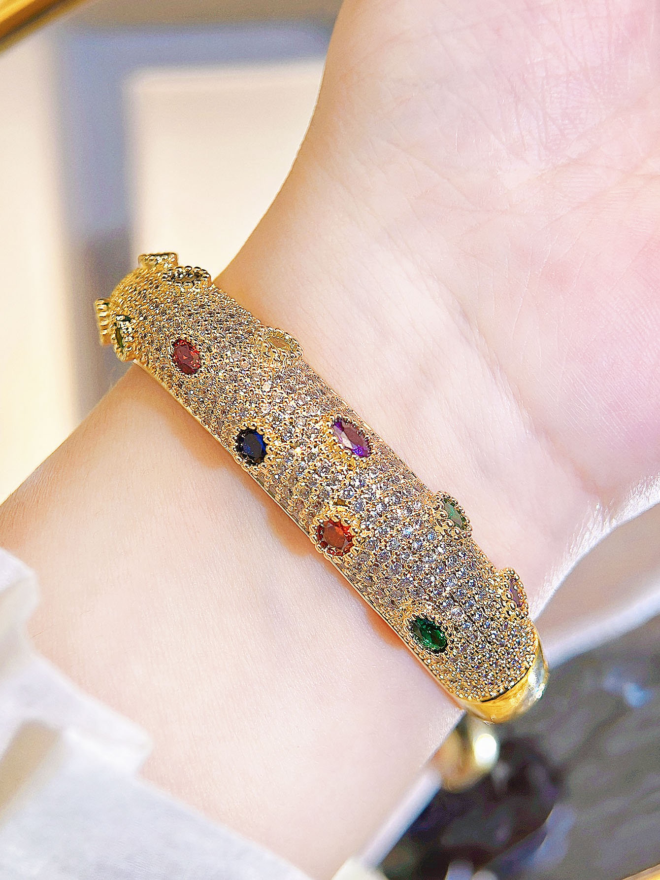 Luxurious Gold Plated CZ Gemstone Bangle - Party Wristwear for Women