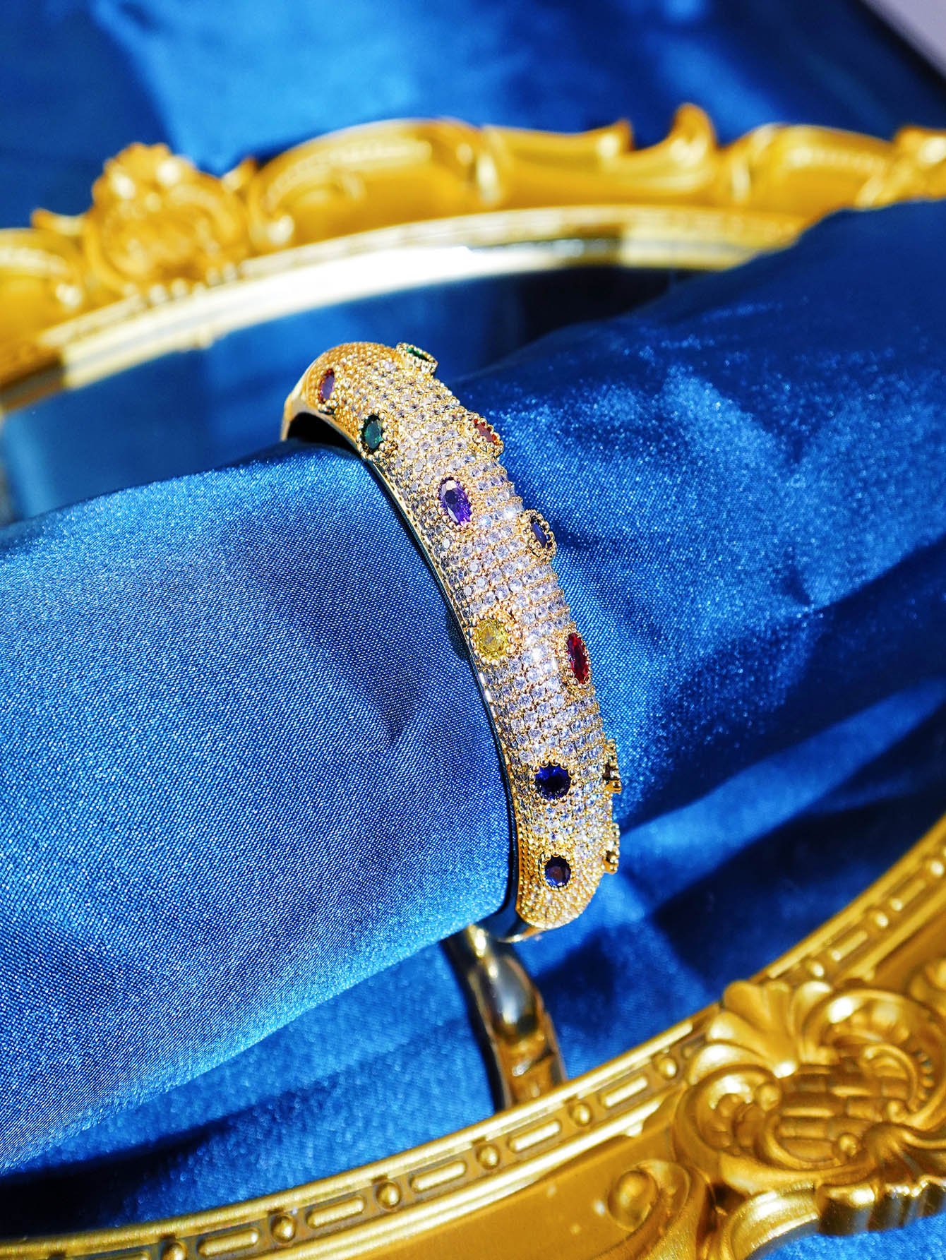 Luxurious Gold Plated CZ Gemstone Bangle - Party Wristwear for Women