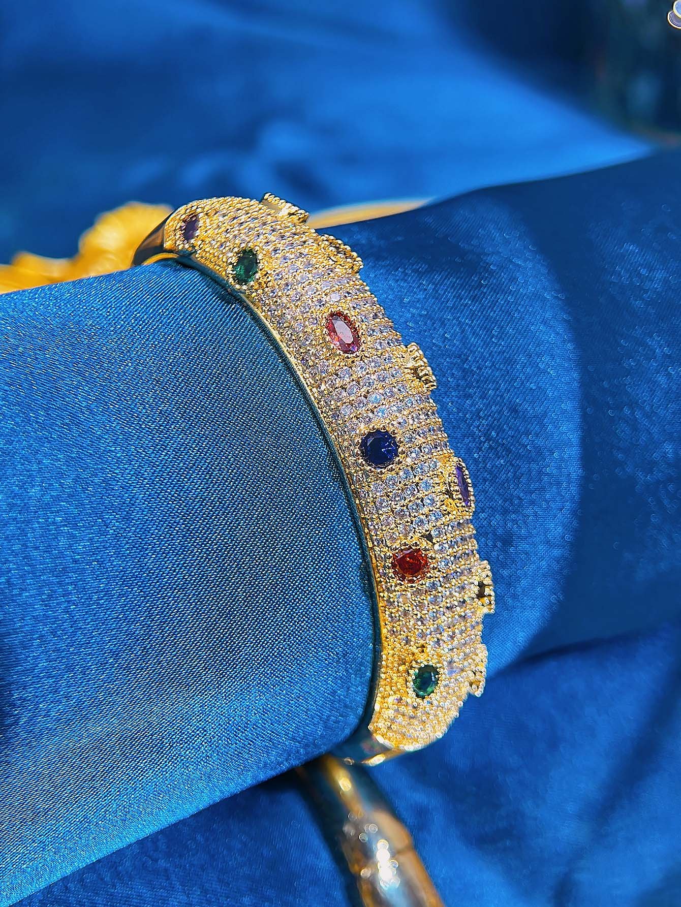 Luxurious Gold Plated CZ Gemstone Bangle - Party Wristwear for Women