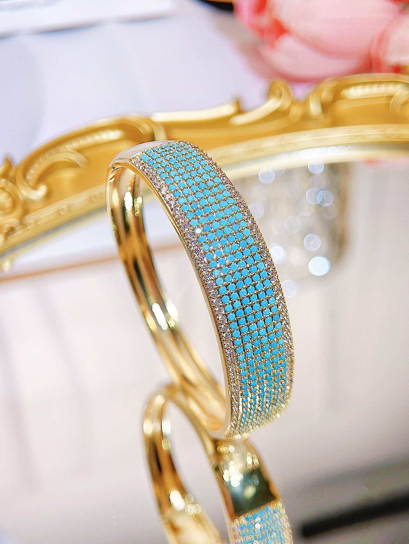 Luxurious Gold Plated Blue Zirconia Bangle - Perfect Party Statement Bracelet