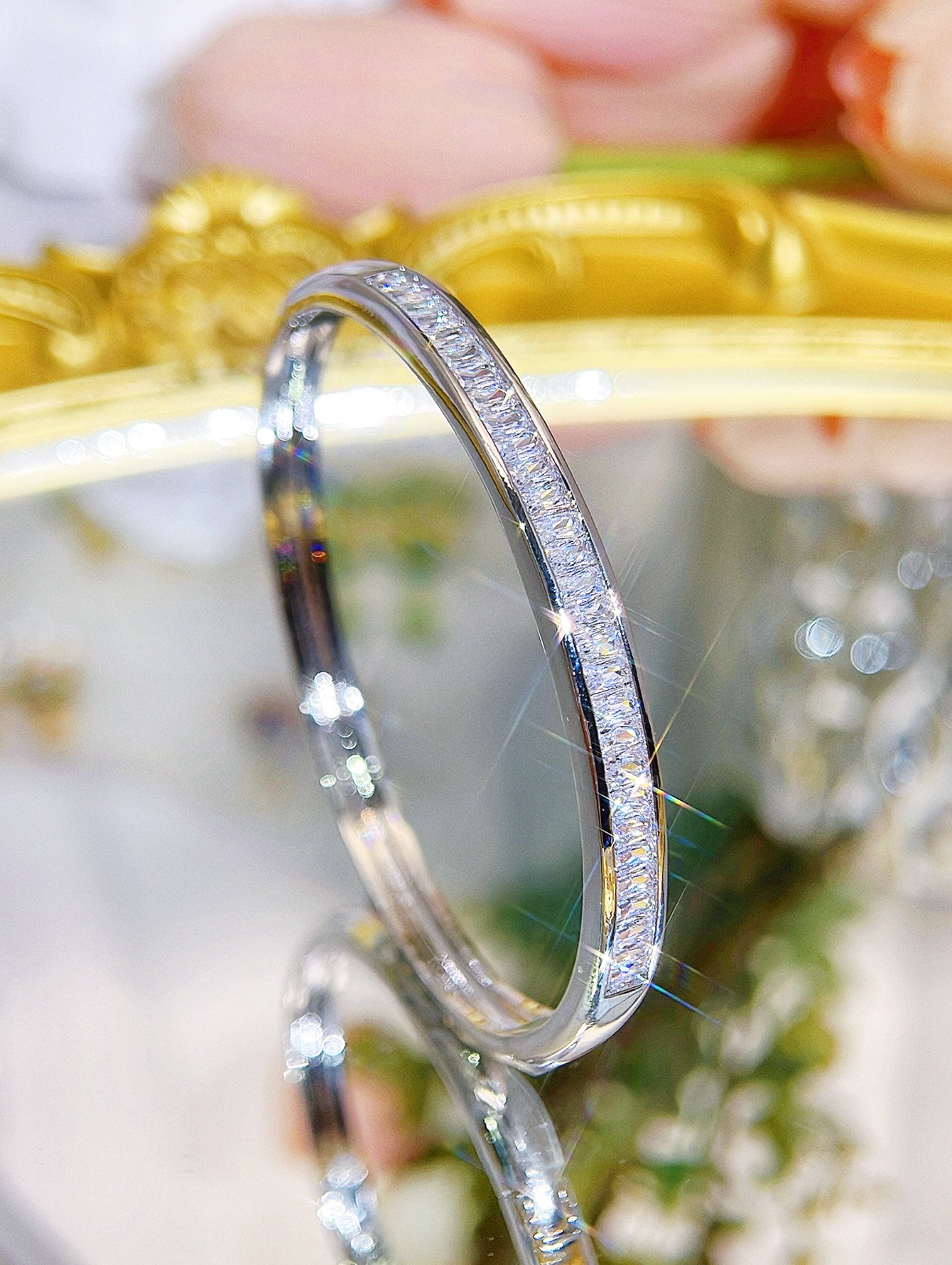 High Quality Accessories Silver Plated Bling Bling Baguette Cut Zircon Fashion Party Exquisite Bangle