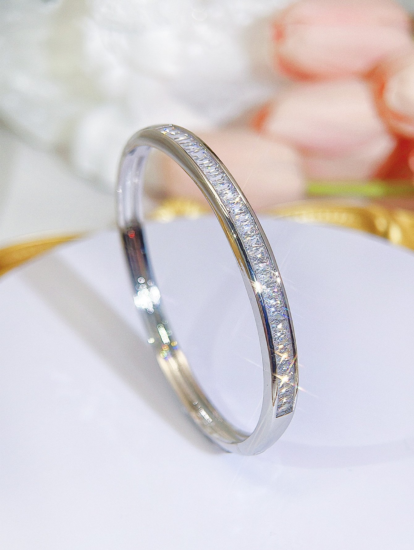 High Quality Accessories Silver Plated Bling Bling Baguette Cut Zircon Fashion Party Exquisite Bangle