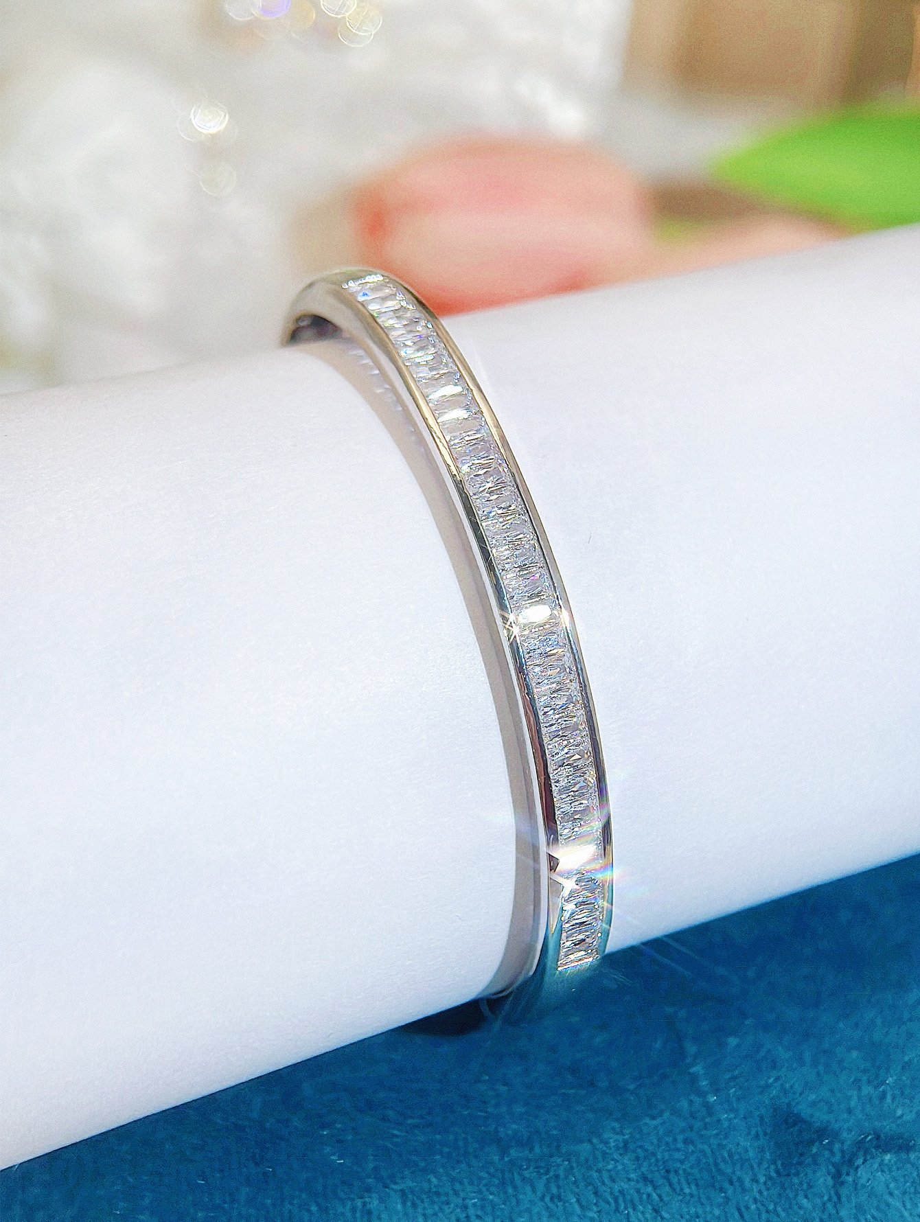 High Quality Accessories Silver Plated Bling Bling Baguette Cut Zircon Fashion Party Exquisite Bangle