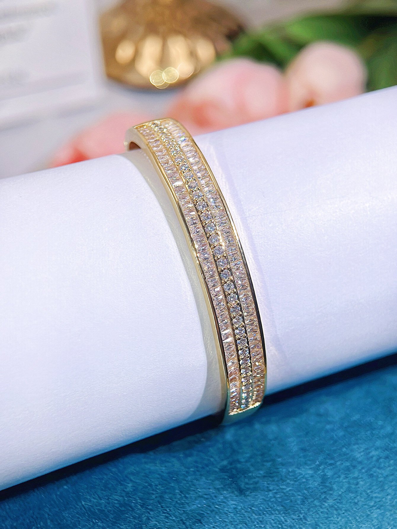 Noble 20k Saudi Gold Plated Bangle Tiny Cubic Zirconia High Quality Wrist Jewelry Clothing Accessories