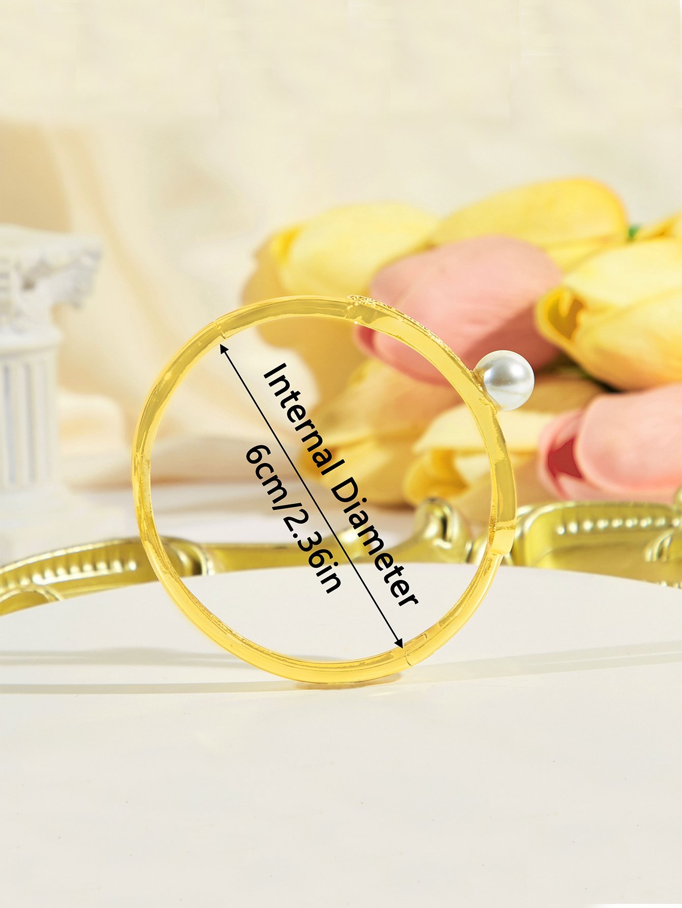 Classy Bridesmaid Hollow Pearl Bangle with Zircon 18k Gold Wedding Jewelry