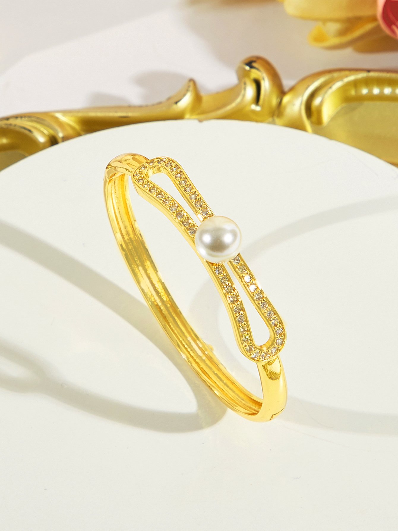 Classy Bridesmaid Hollow Pearl Bangle with Zircon 18k Gold Wedding Jewelry