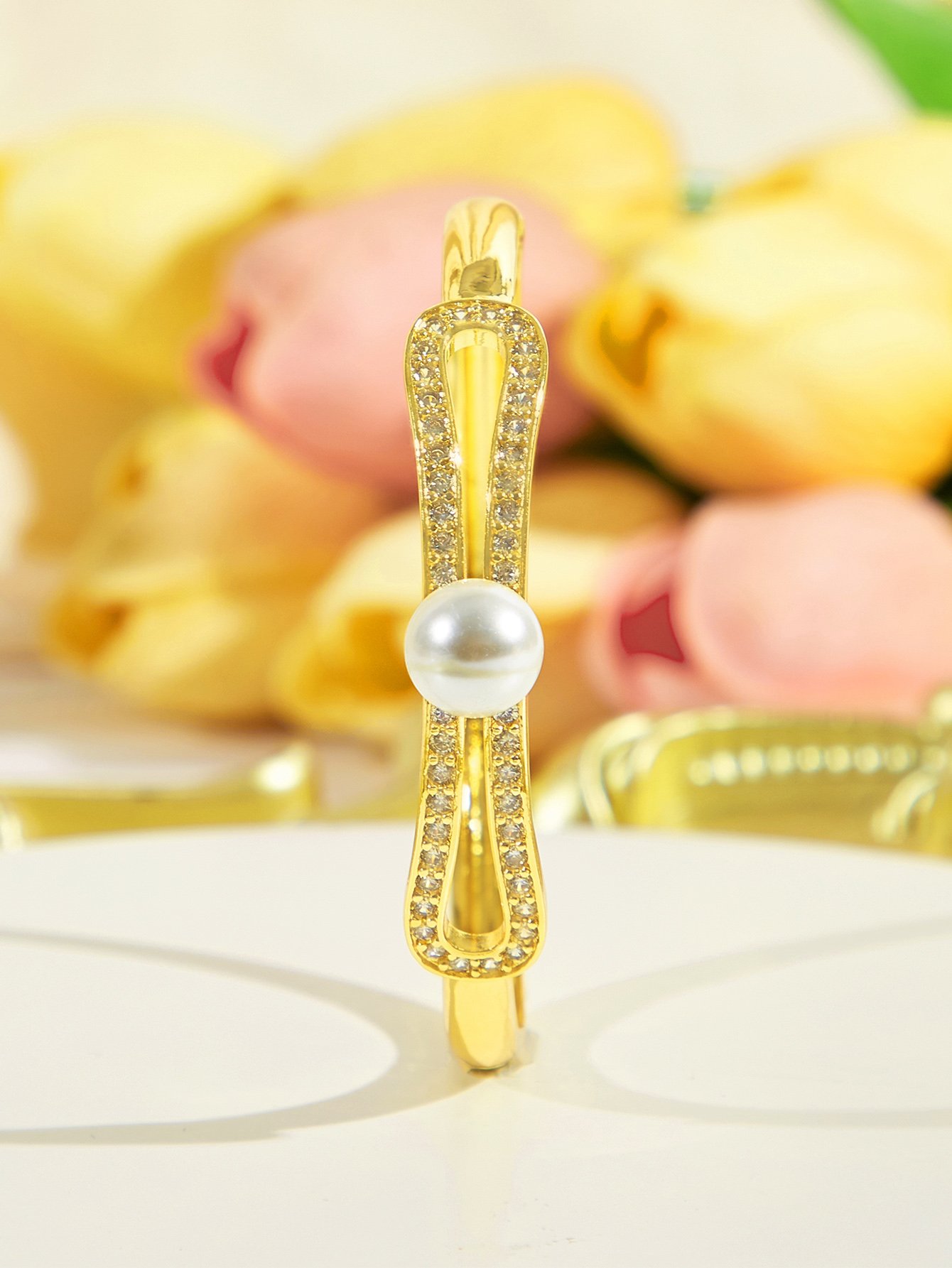 Classy Bridesmaid Hollow Pearl Bangle with Zircon 18k Gold Wedding Jewelry