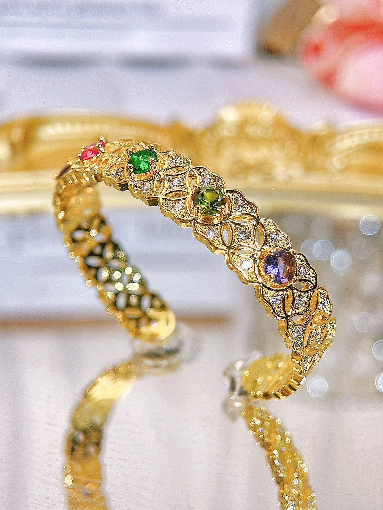 Gold Plated Zirconia Cuff Bangle for Women - Party Wear