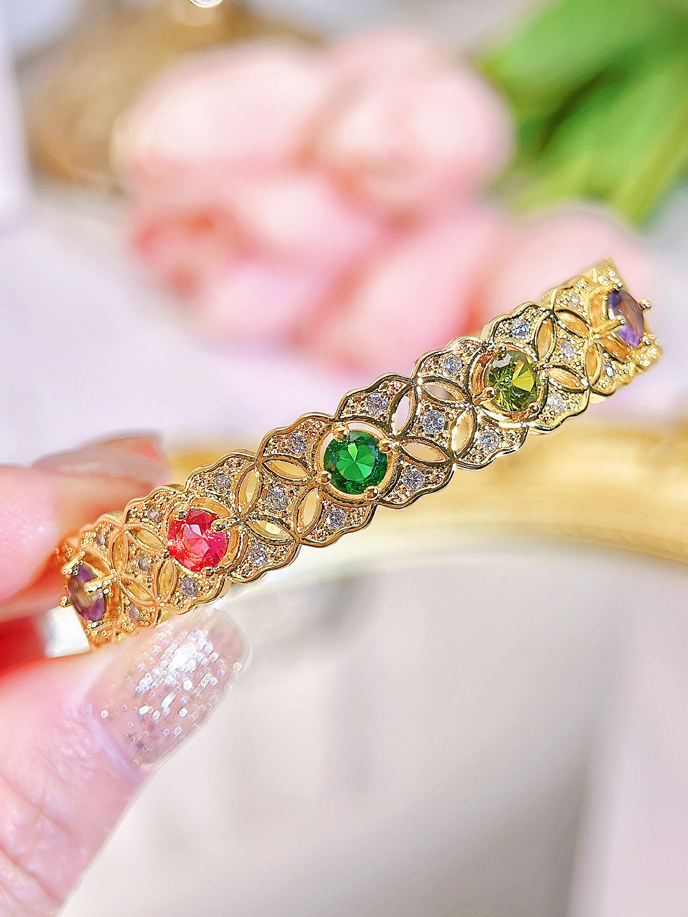 Gold Plated Zirconia Cuff Bangle for Women - Party Wear
