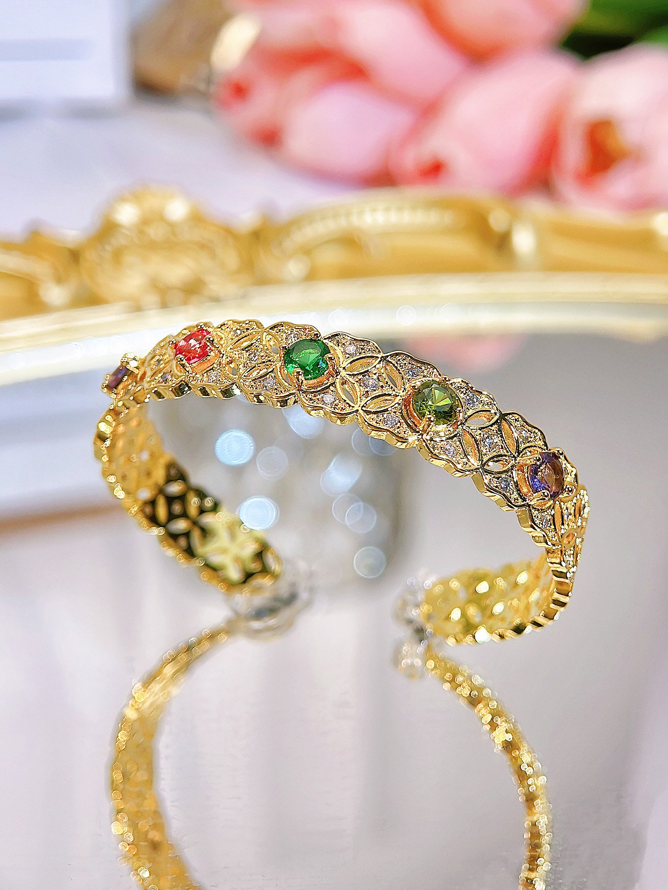 Gold Plated Zirconia Cuff Bangle for Women - Party Wear