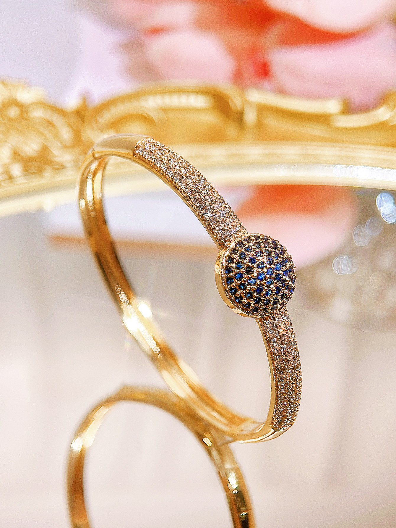 Dubai Fashion Women 22k Gold Plated Wrist Jewelry Blue Cubic Zirconia Bangle Bracelet