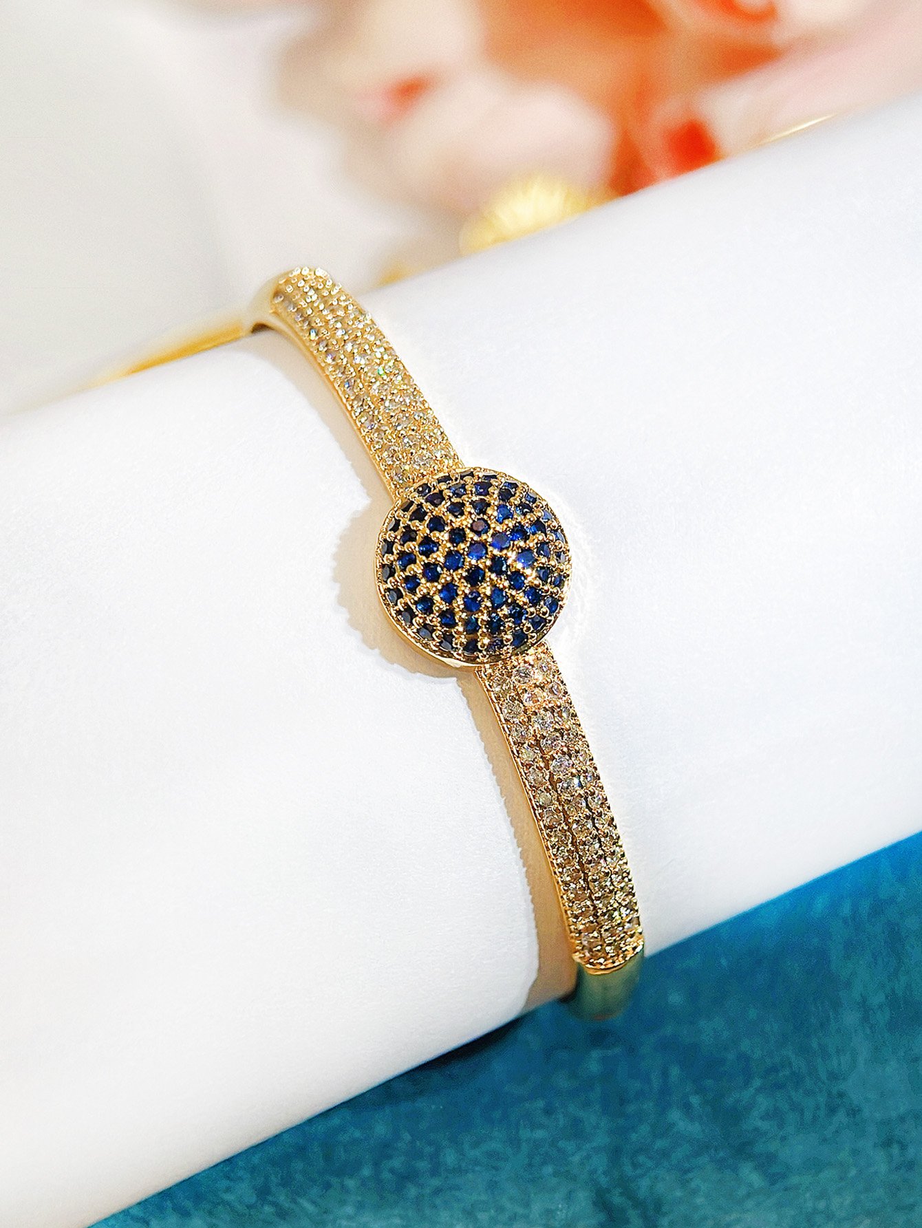 Dubai Fashion Women 22k Gold Plated Wrist Jewelry Blue Cubic Zirconia Bangle Bracelet