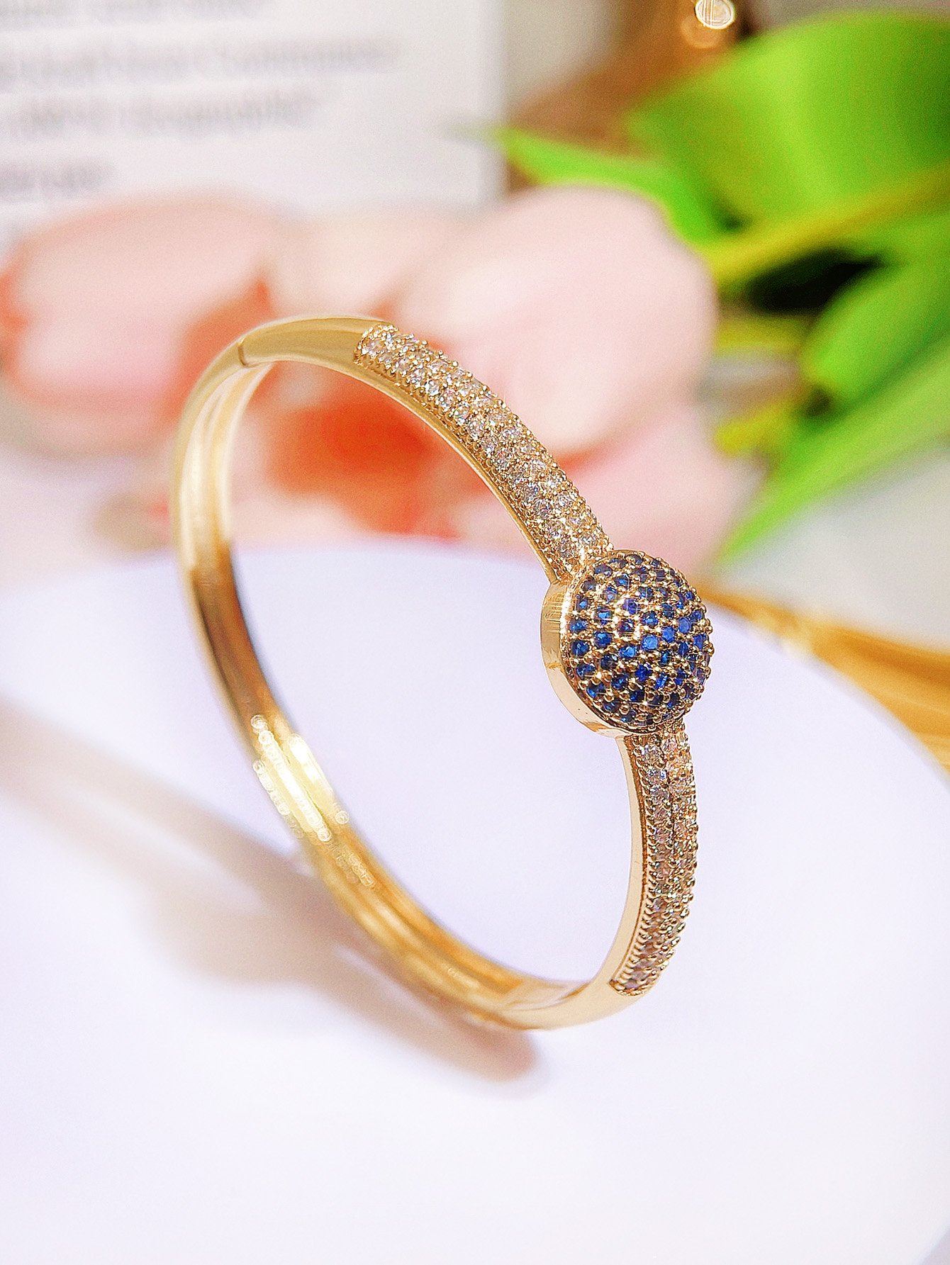 Dubai Fashion Women 22k Gold Plated Wrist Jewelry Blue Cubic Zirconia Bangle Bracelet