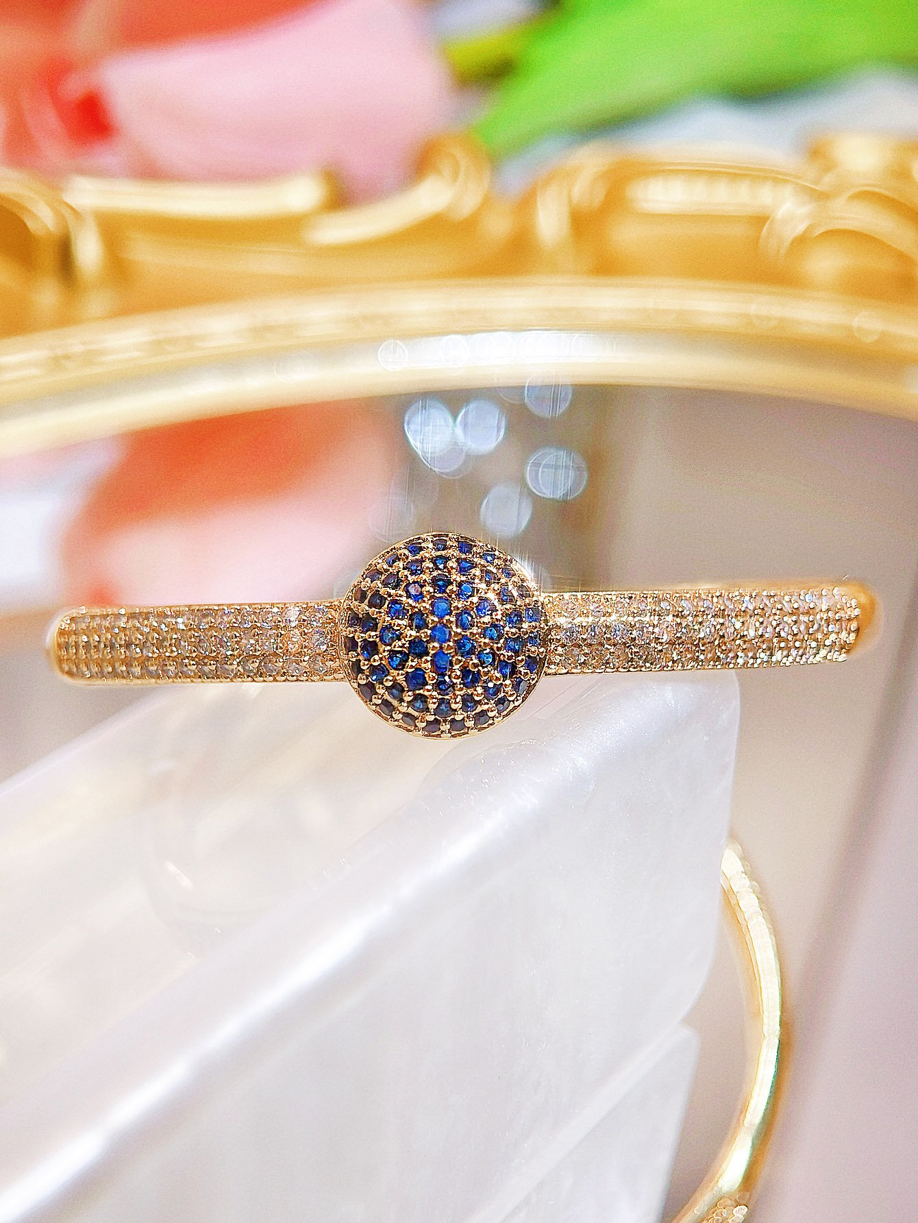 Dubai Fashion Women 22k Gold Plated Wrist Jewelry Blue Cubic Zirconia Bangle Bracelet