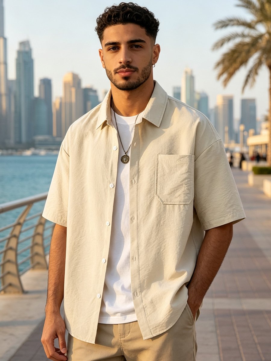 Beige Solid Short Sleeves Relaxed Shirt