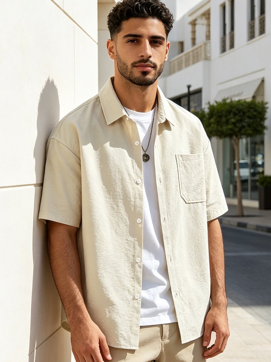 Beige Solid Short Sleeves Relaxed Shirt