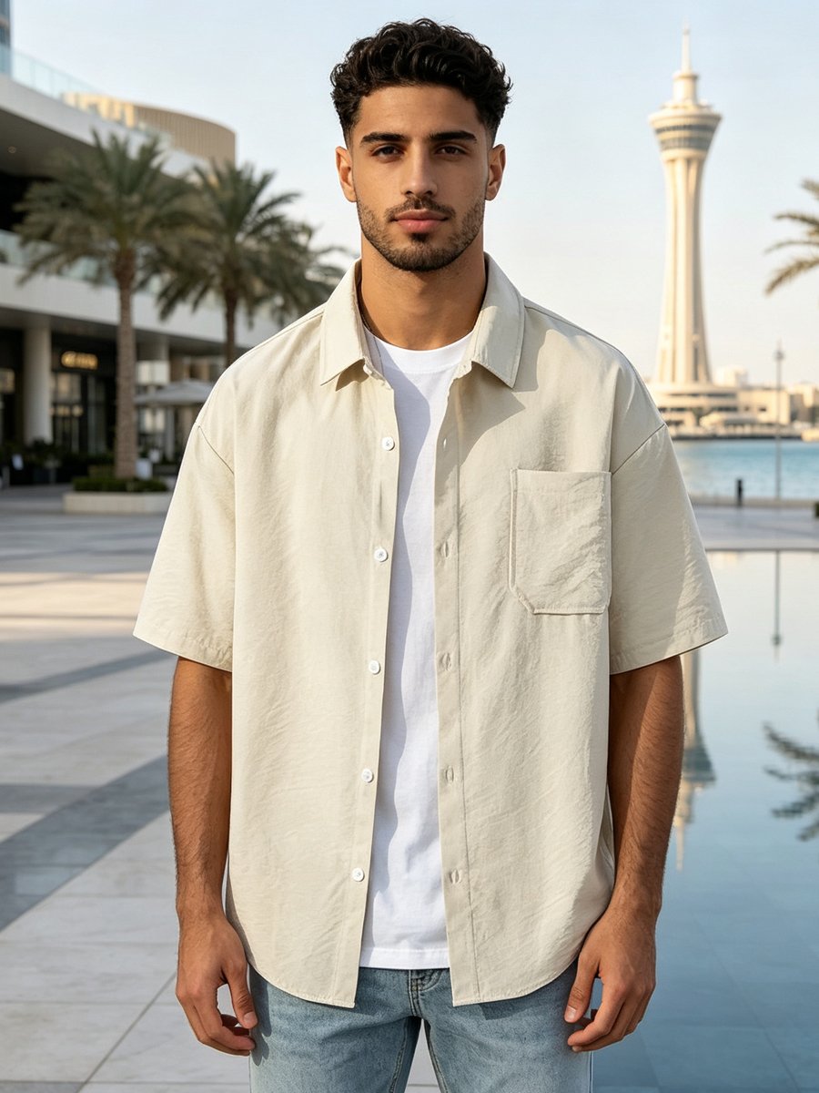 Beige Solid Short Sleeves Relaxed Shirt