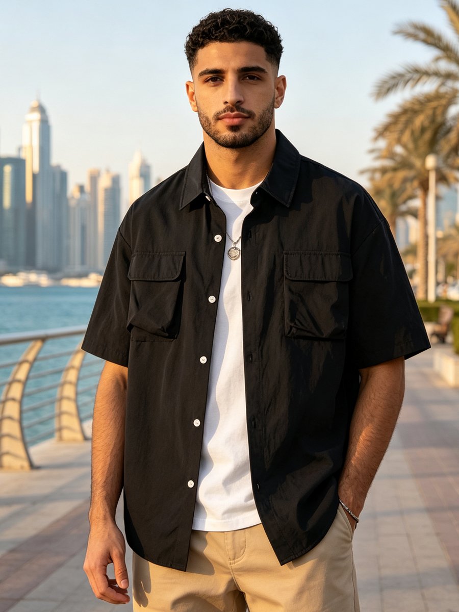 Black Solid Short Sleeves Regular Shirt