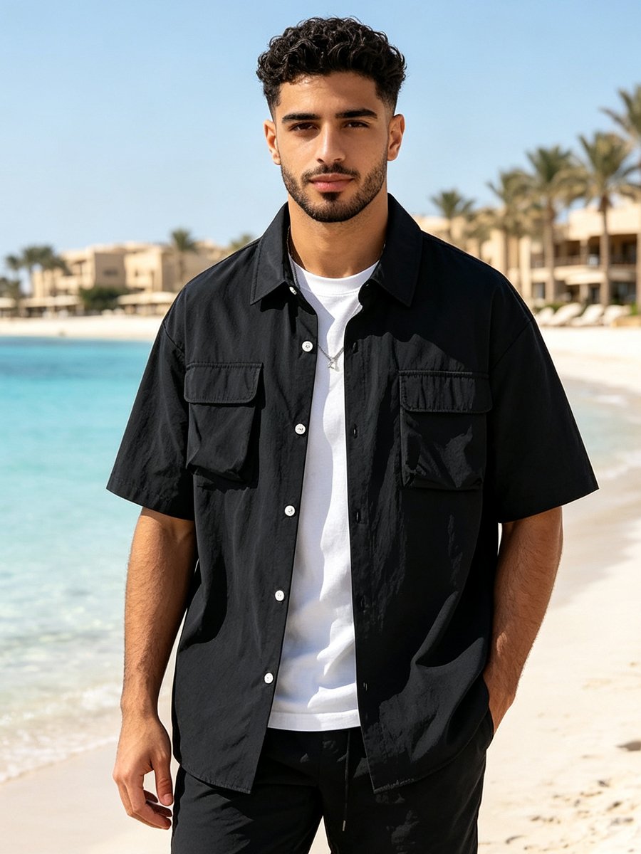 Black Solid Short Sleeves Regular Shirt