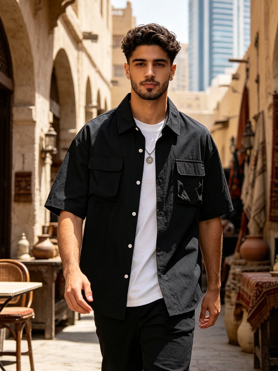 Black Solid Short Sleeves Regular Shirt