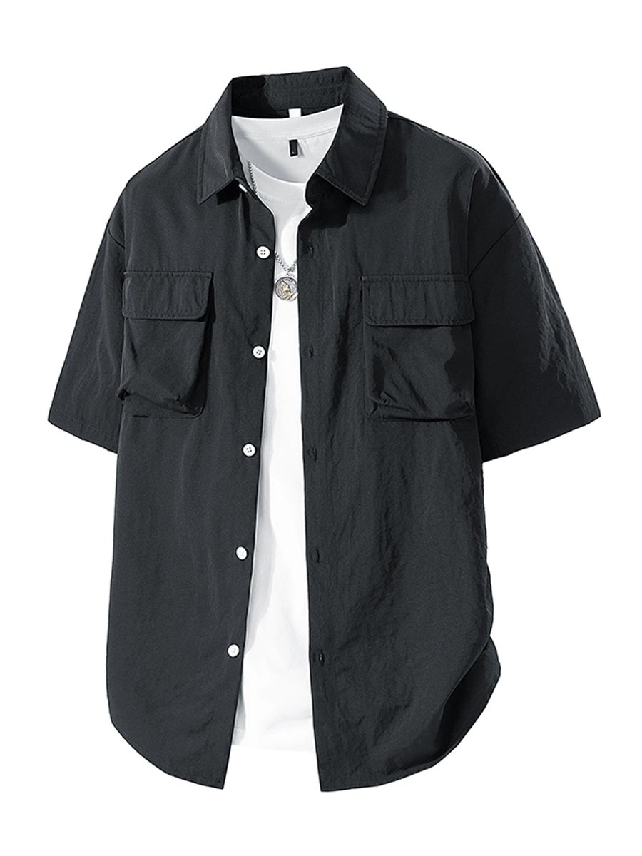 Black Solid Short Sleeves Regular Shirt