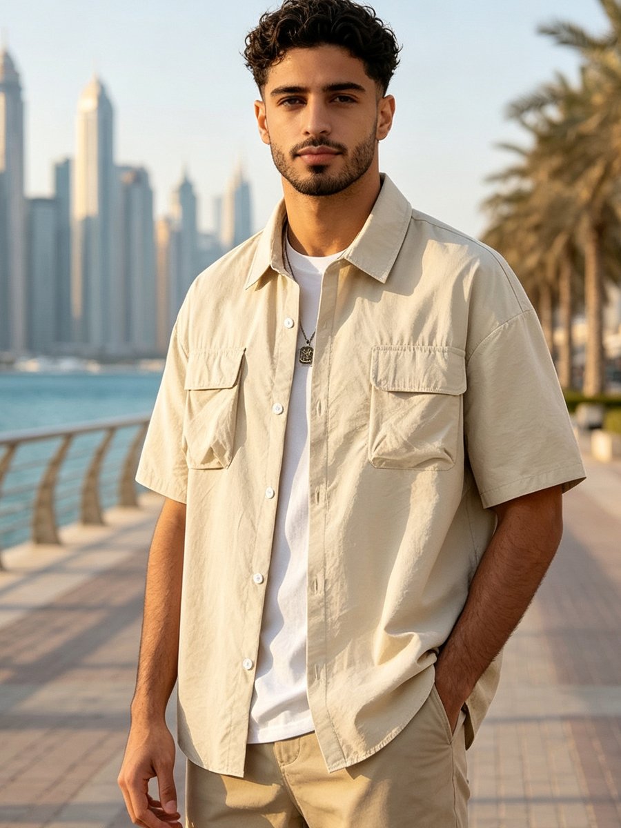 Beige Solid Short Sleeves Oversized Shirt