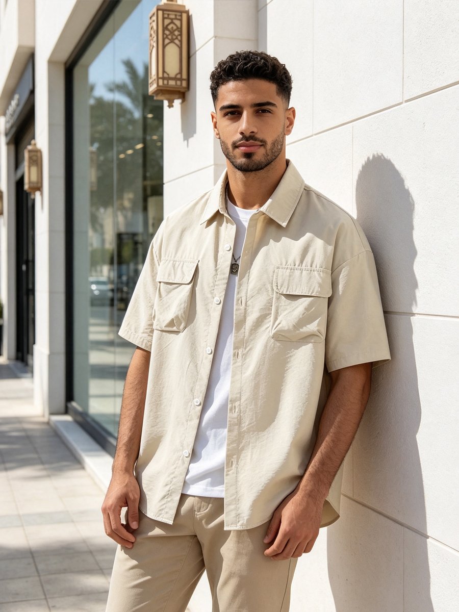 Beige Solid Short Sleeves Oversized Shirt