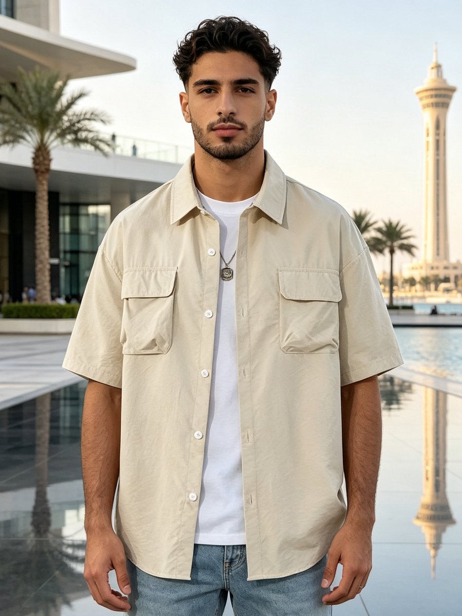 Beige Solid Short Sleeves Oversized Shirt