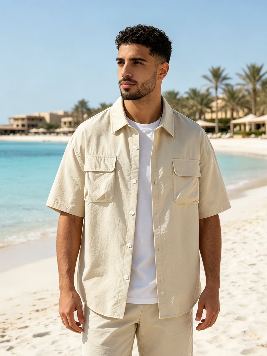 Beige Solid Short Sleeves Oversized Shirt