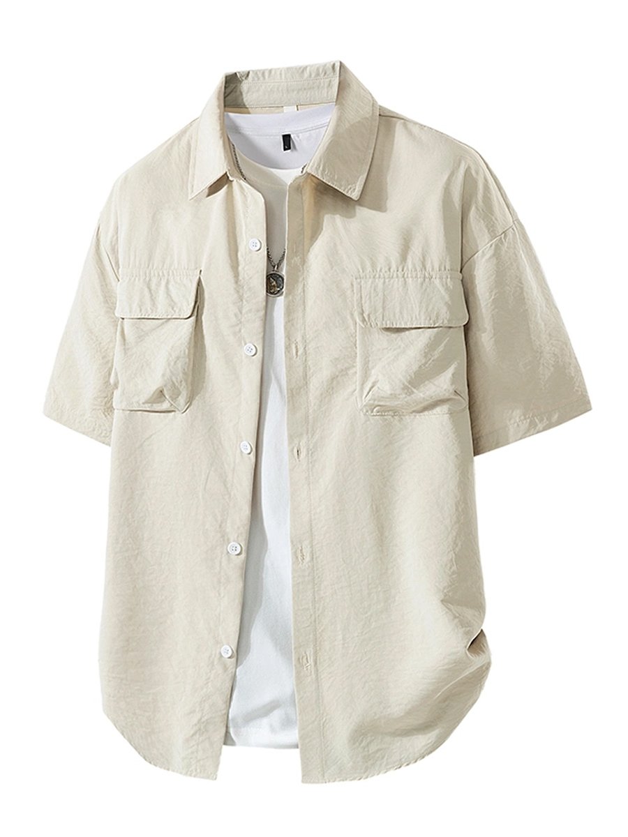 Beige Solid Short Sleeves Oversized Shirt